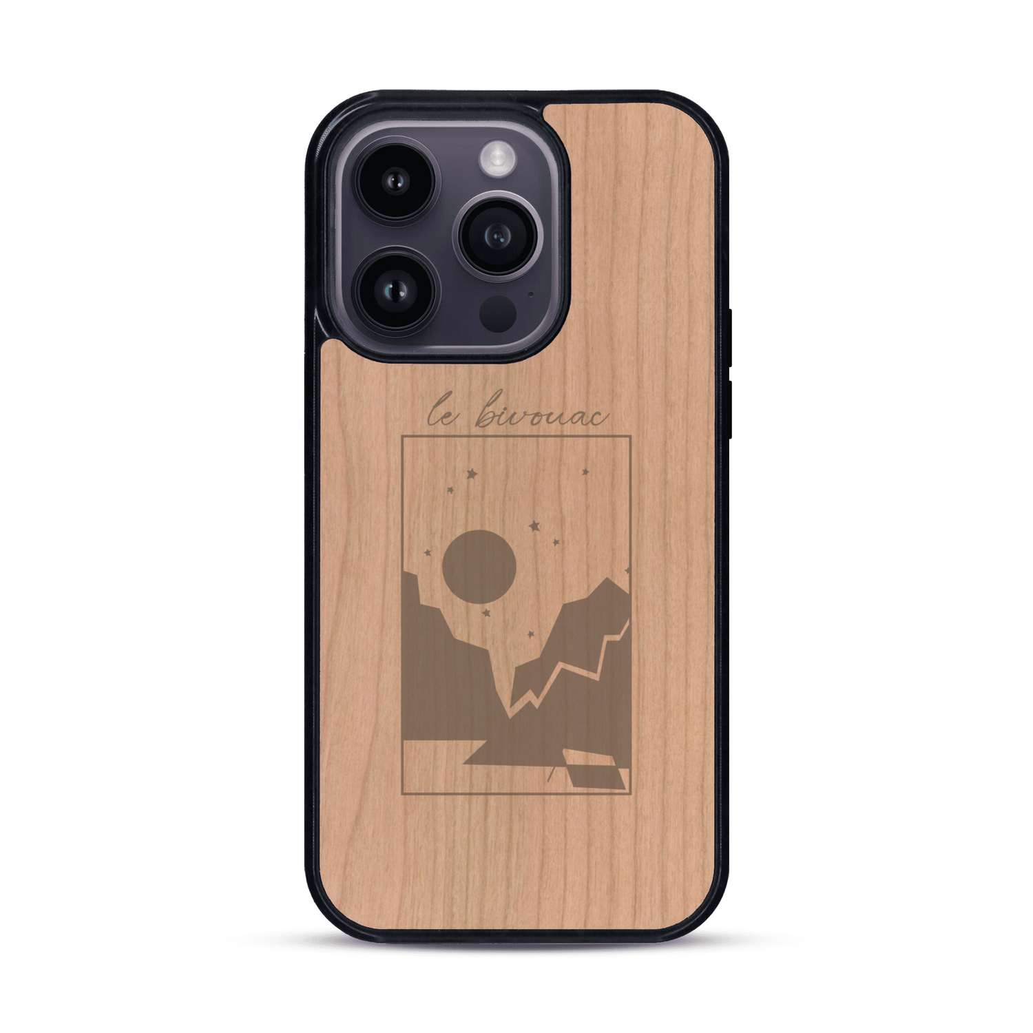 Coque de protection en bois véritable fabriquée en France pour  sur le thème du camping en pleine nature et du bivouac avec la phrase "Aventure is out there"