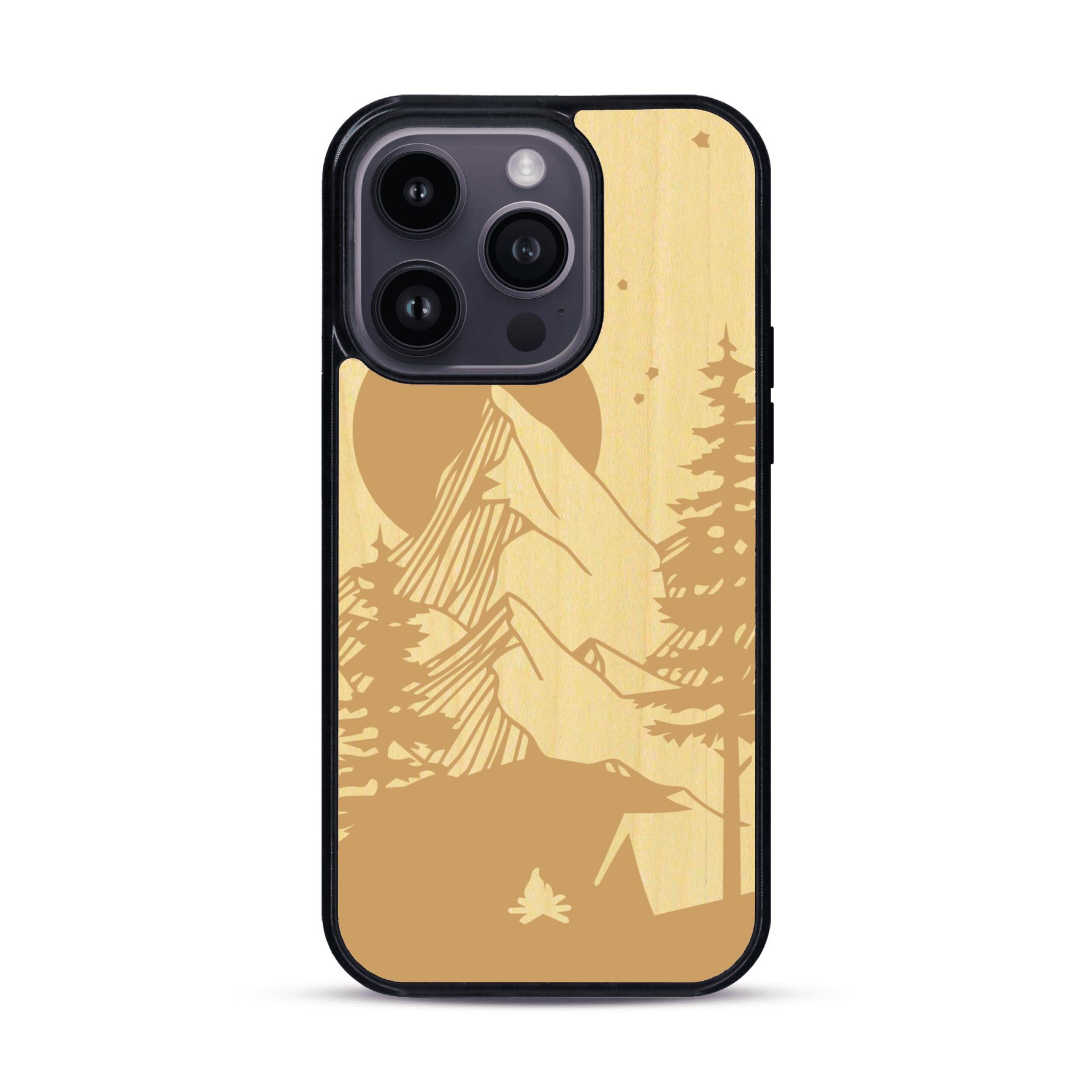 Coque de protection en bois véritable fabriquée en France pour  sur le thème du camping en pleine nature représentant une tente avec un feu de camp entouré de montagnes