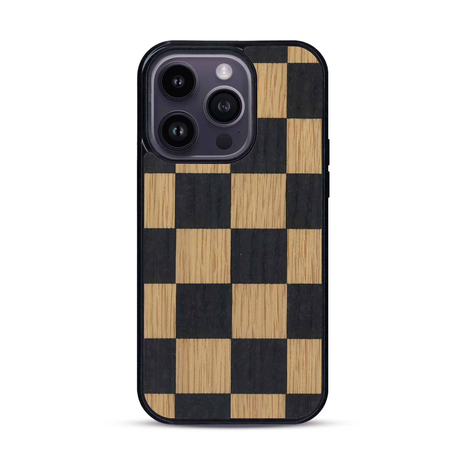 Coque de protection en bois véritable fabriquée en France pour  alliant plusieurs essences de bois pour représenter un damier