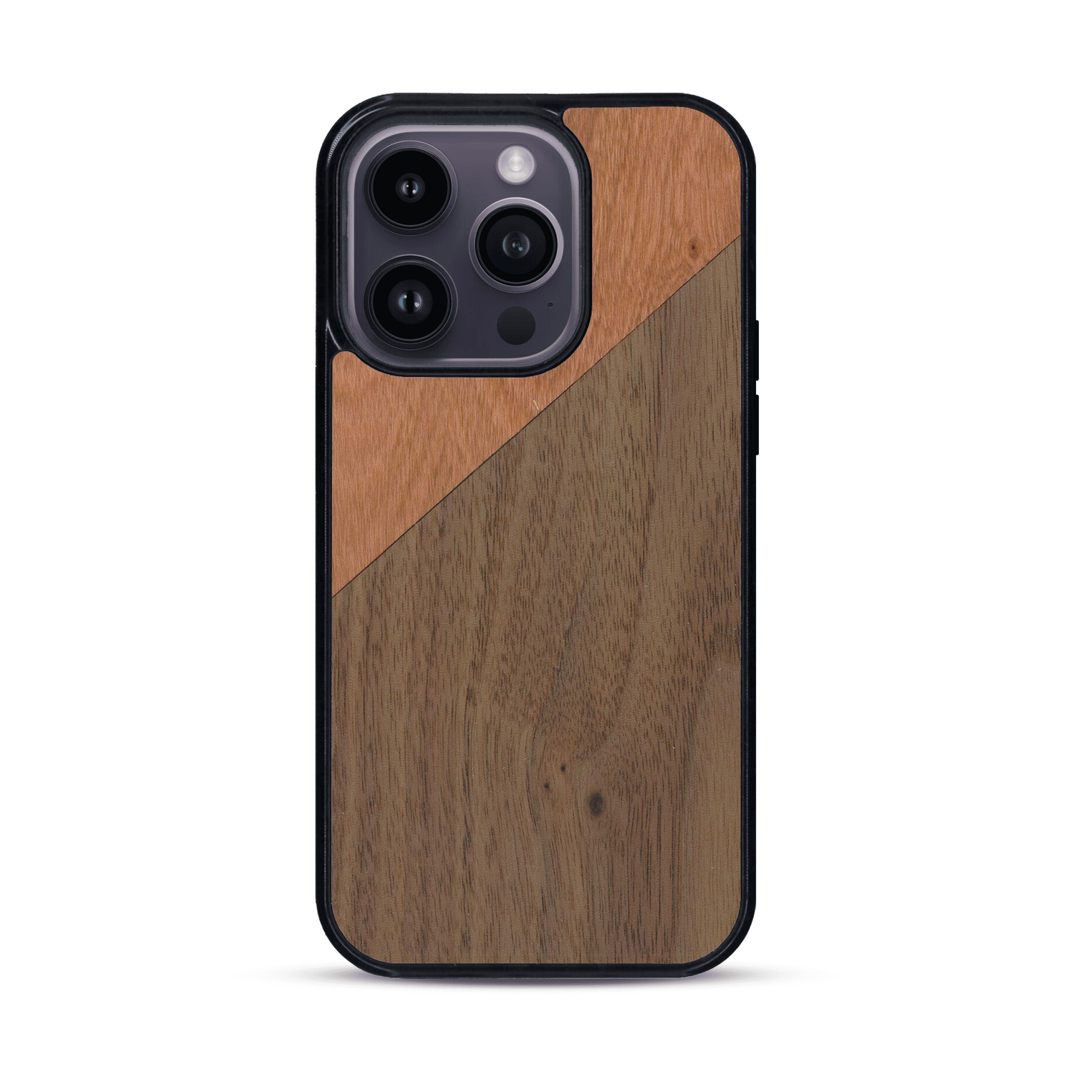 Coque de protection en bois véritable fabriquée en France pour  alliant du merisier et du noyer formant chacun un triangle avec une jointure en diagonale sur le thème de l'art abstrait