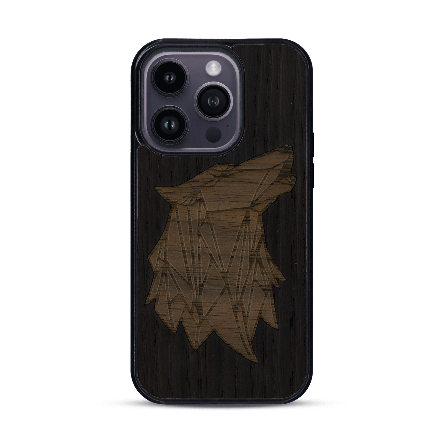 Coque de protection en bois véritable fabriquée en France pour  alliant du chêne fumé et du noyer représentant une tête de loup géométrique de profil sur le thème des animaux et de la nature