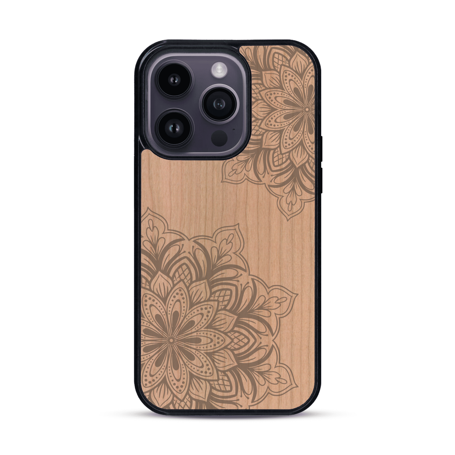 Coque de protection en bois véritable fabriquée en France pour  sur le thème de la bohème et du tatouage au henné avec une gravure représentant un mandala