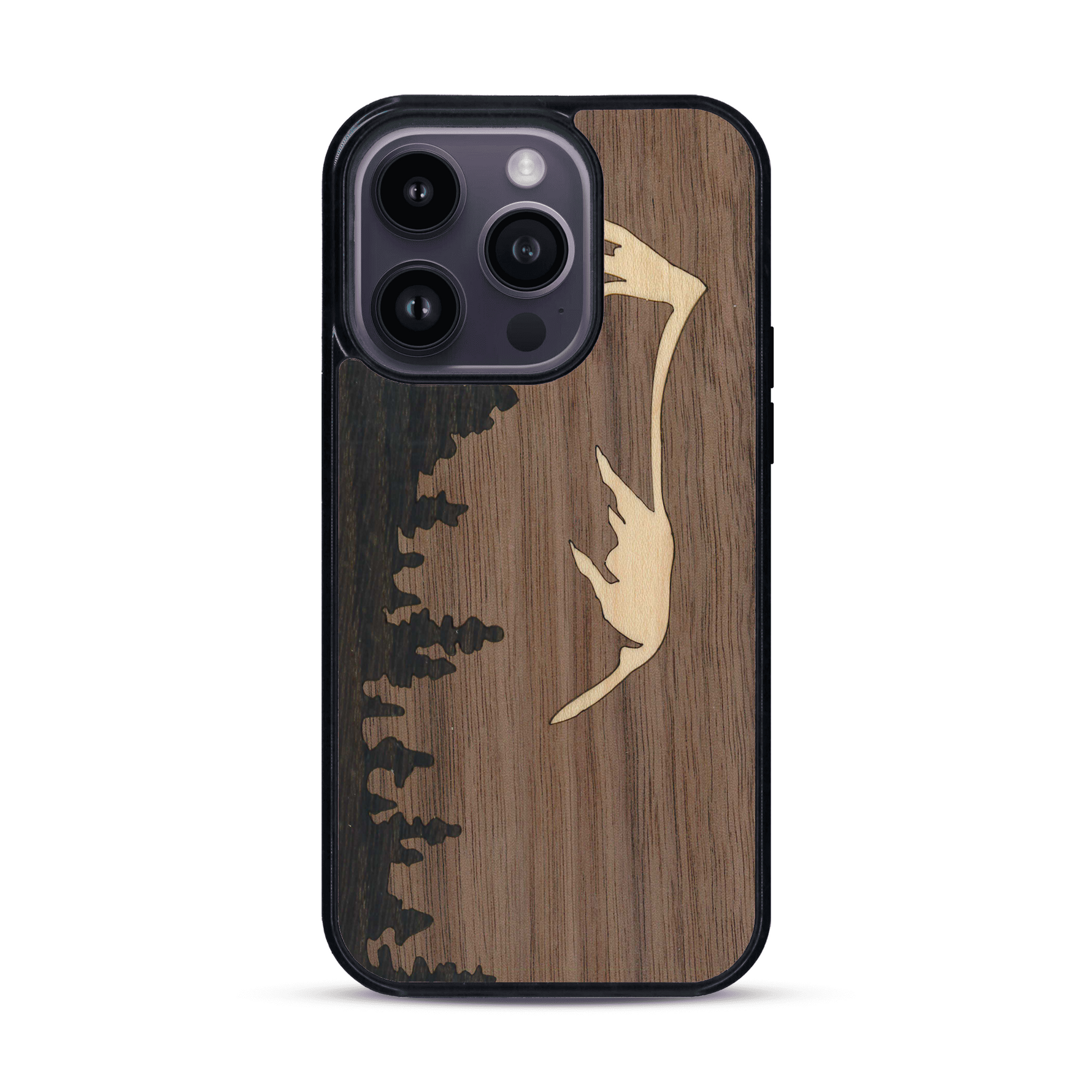 Coque de protection en bois véritable fabriquée en France pour  sur le thème de la nature et de la montagne qui allie du chêne fumé, du noyer et du bambou représentant le mont mézenc