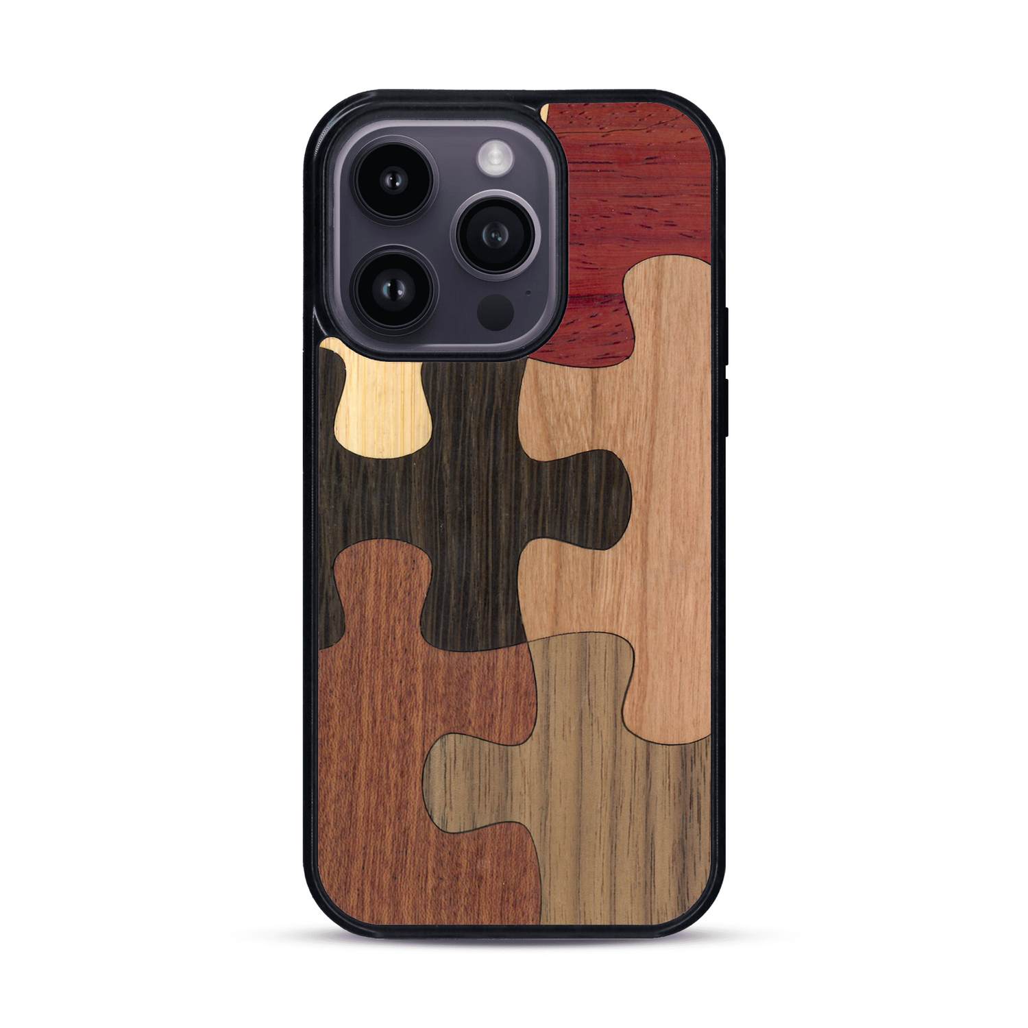 Coque de protection en bois véritable fabriquée en France pour  représentant un puzzle en six pièces qui allie du chêne fumé, du noyer, du bambou, du padouk, du merisier et de l'acajou