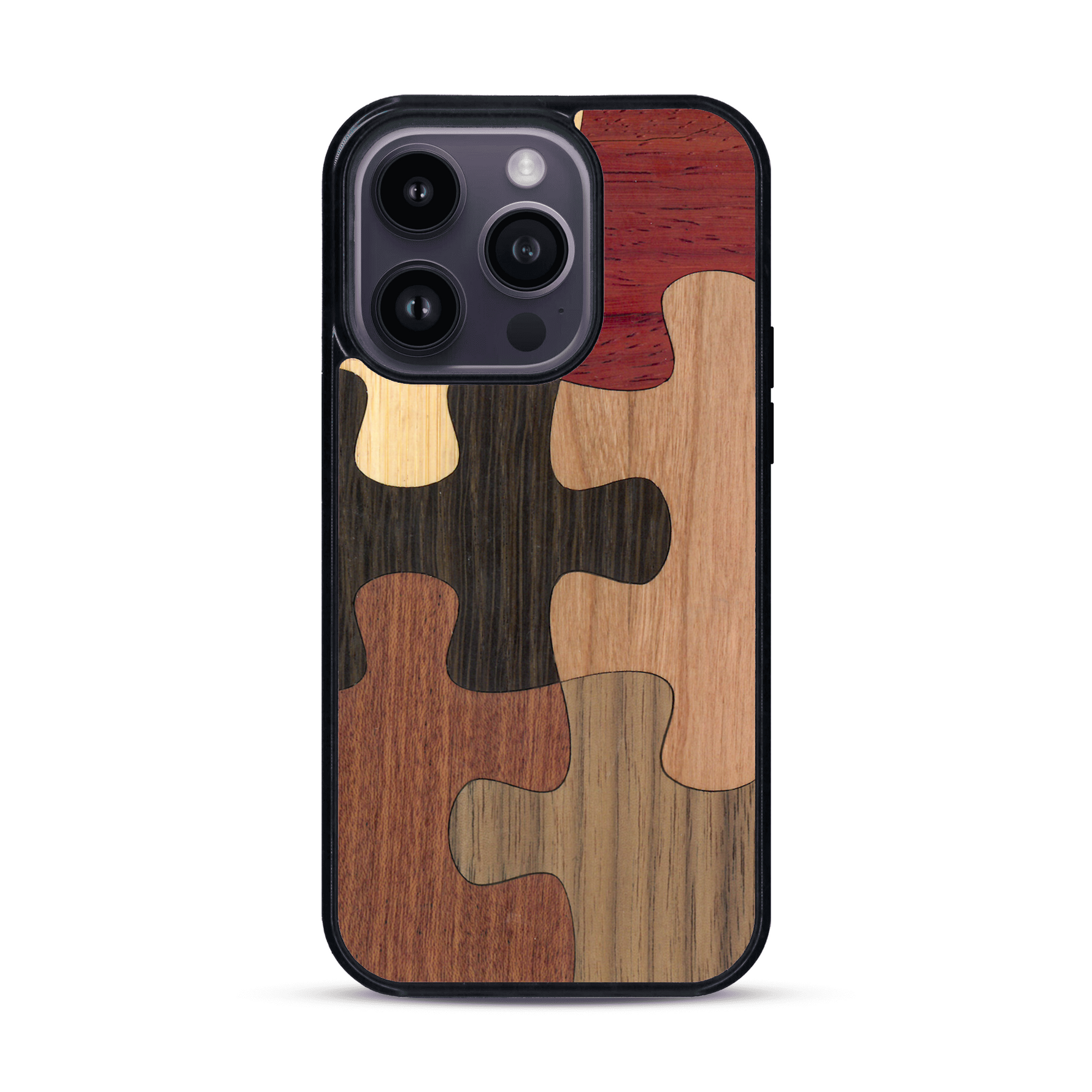 Coque de protection en bois véritable fabriquée en France pour  représentant un puzzle en six pièces qui allie du chêne fumé, du noyer, du bambou, du padouk, du merisier et de l'acajou