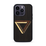 Coque de protection en bois véritable fabriquée en France pour  sur le thème de l'art géométrique qui allie du chêne fumé, du noyer, du bambou et du padouk représentant le triangle de penrose
