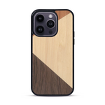 Coque de protection en bois véritable fabriquée en France pour  alliant du merisier, du noyer et du bambou formant chacun deux triangles et un trapèze avec deux jointures en diagonale sur le thème de l'art abstrait