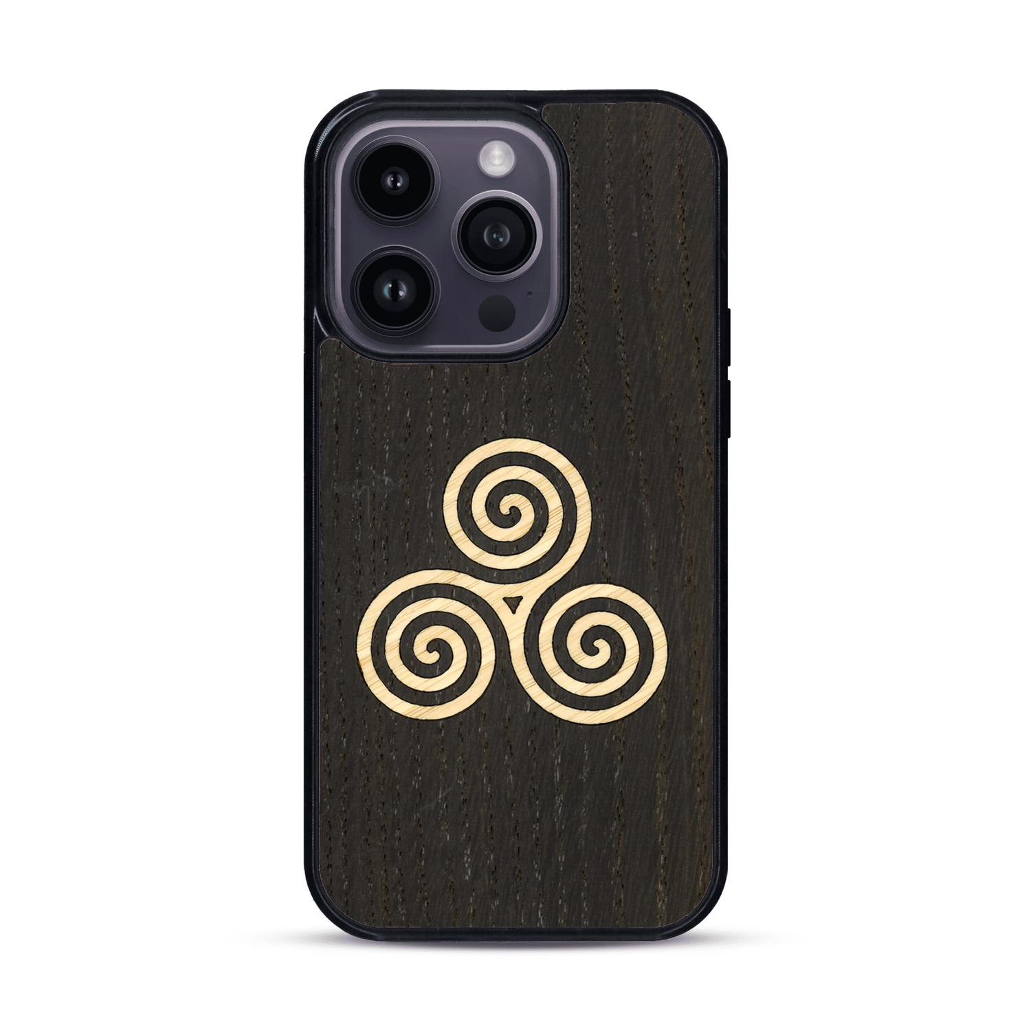 Coque de protection en bois véritable fabriquée en France pour  alliant du chêne fumé et du bambou et doré représentant un triskell