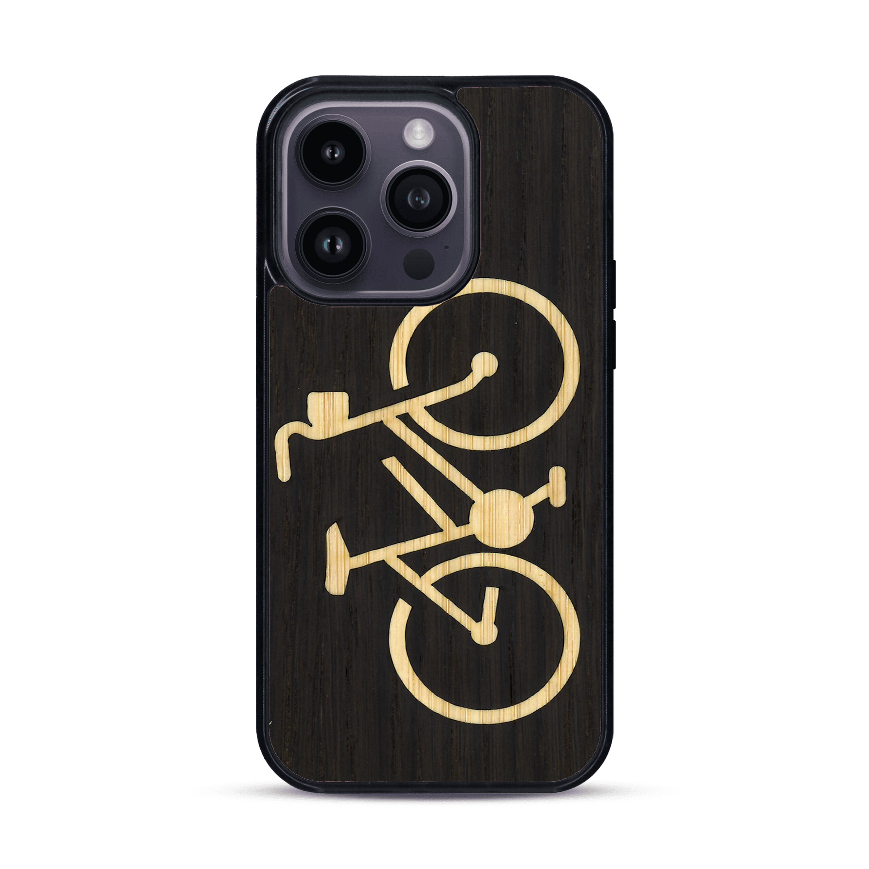 Coque de protection en bois véritable fabriquée en France pour  sur le theme du vélo et de l'outdoor qui allie du bambou et du chêne fumé représentant un vélo