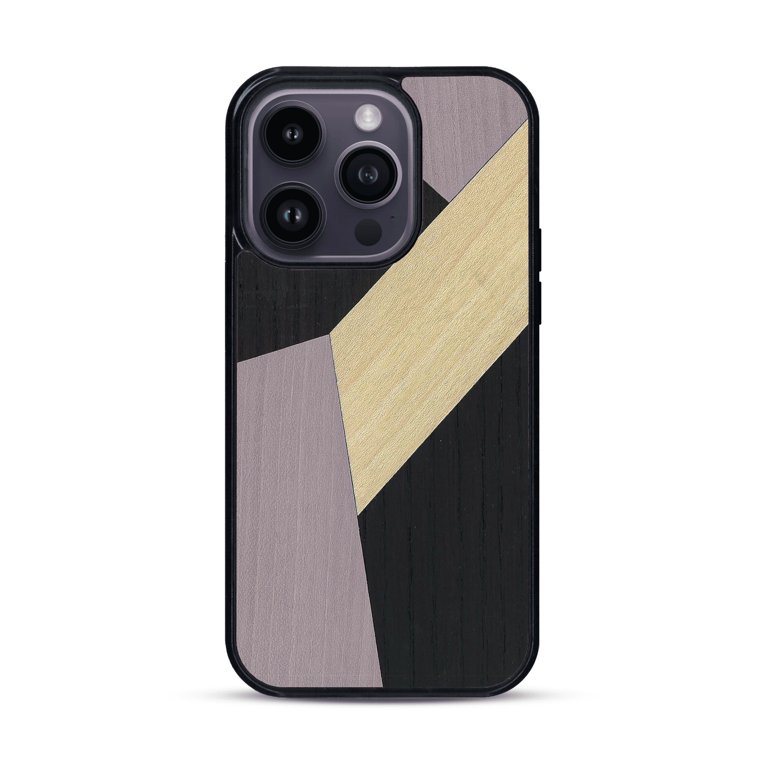 Coque de protection en bois véritable fabriquée en France pour  alliant du bambou, du tulipier mauve et noir en forme de mosaïque minimaliste sur le thème de l'art abstrait