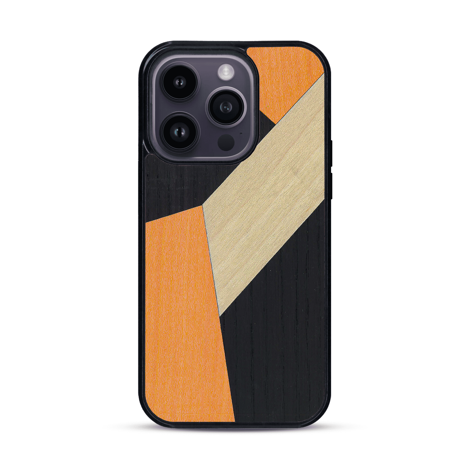 Coque de protection en bois véritable fabriquée en France pour  alliant du bambou, du tulipier orange et noir en forme de mosaïque minimaliste sur le thème de l'art abstrait