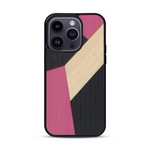 Coque de protection en bois véritable fabriquée en France pour  alliant du bambou, du tulipier rose et noir en forme de mosaïque minimaliste sur le thème de l'art abstrait
