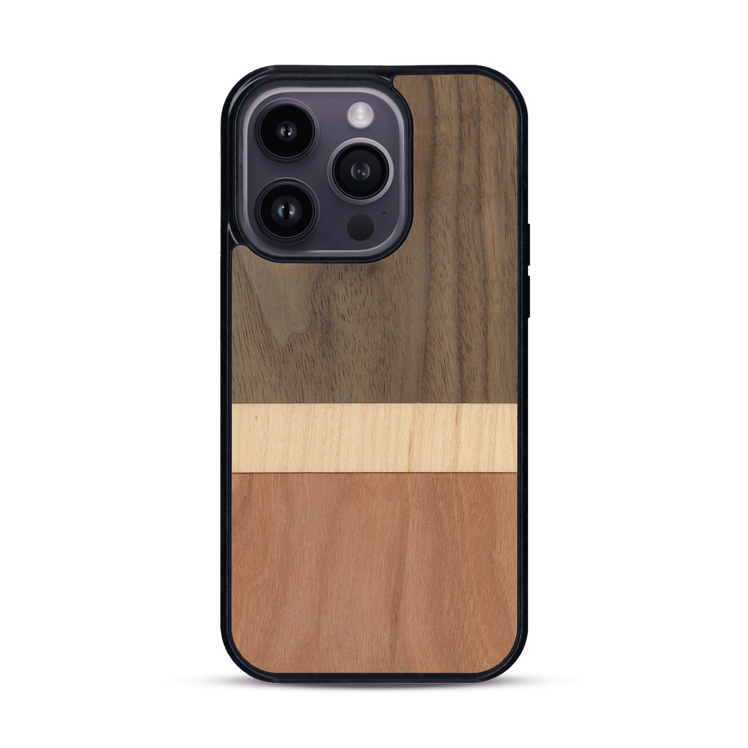 Coque de protection en bois véritable fabriquée en France pour  alliant des bandes horizontales de bambou, merisier et noyer
