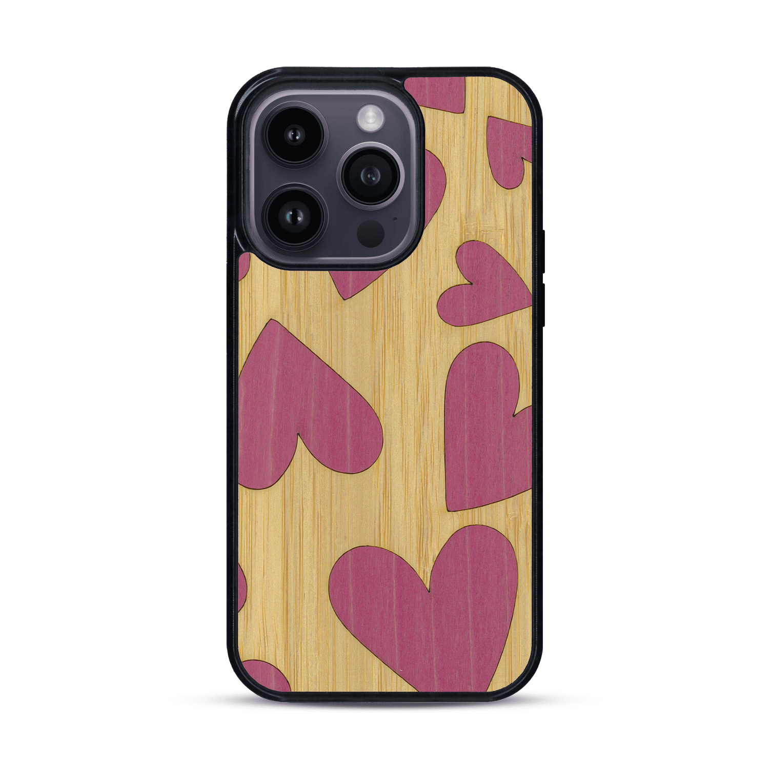 Coque de protection en bois véritable fabriquée en France pour  alliant plusieurs essences de bois pour représenter des coeurs pour les amoureux