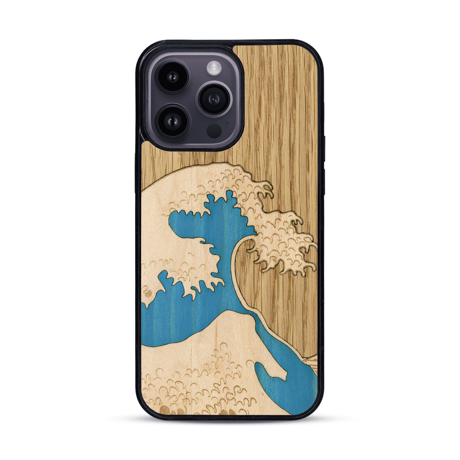 Coque de protection en bois véritable fabriquée en France pour  alliant plusieurs essences de bois pour représenter la célèbre grande vague de Kanagawa