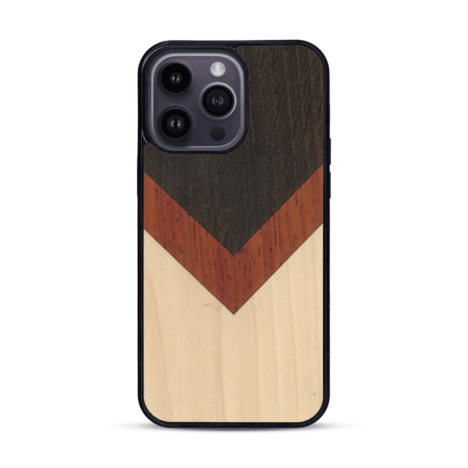Coque de protection en bois véritable fabriquée en France pour  alliant du chêne fumé, du padouk et du bambou en forme de chevron sur le thème de l'art abstrait