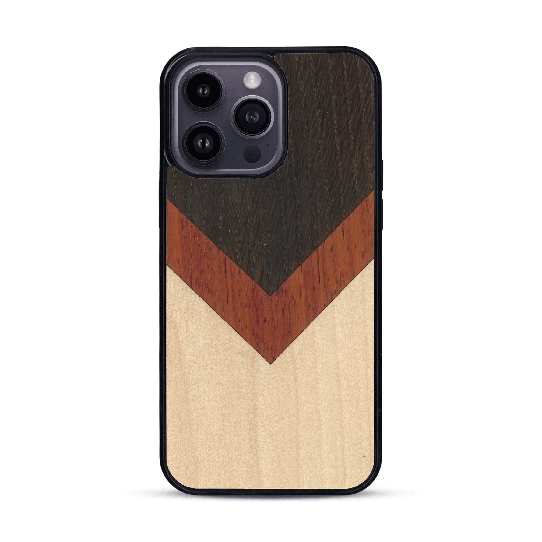 Coque de protection en bois véritable fabriquée en France pour  alliant du chêne fumé, du padouk et du bambou en forme de chevron sur le thème de l'art abstrait