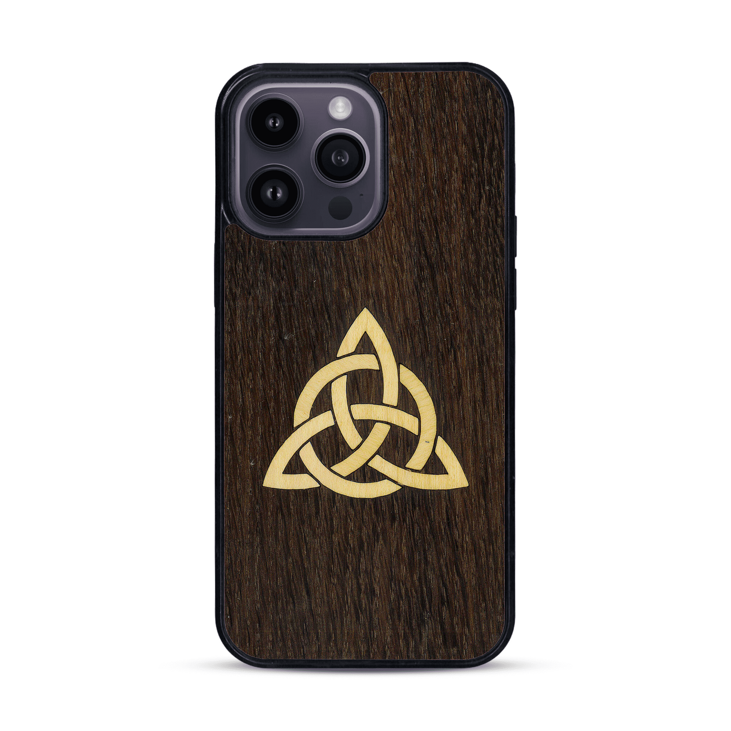 Coque de protection en bois véritable fabriquée en France pour  alliant du chêne fumé et du bambou représentant une triquetra