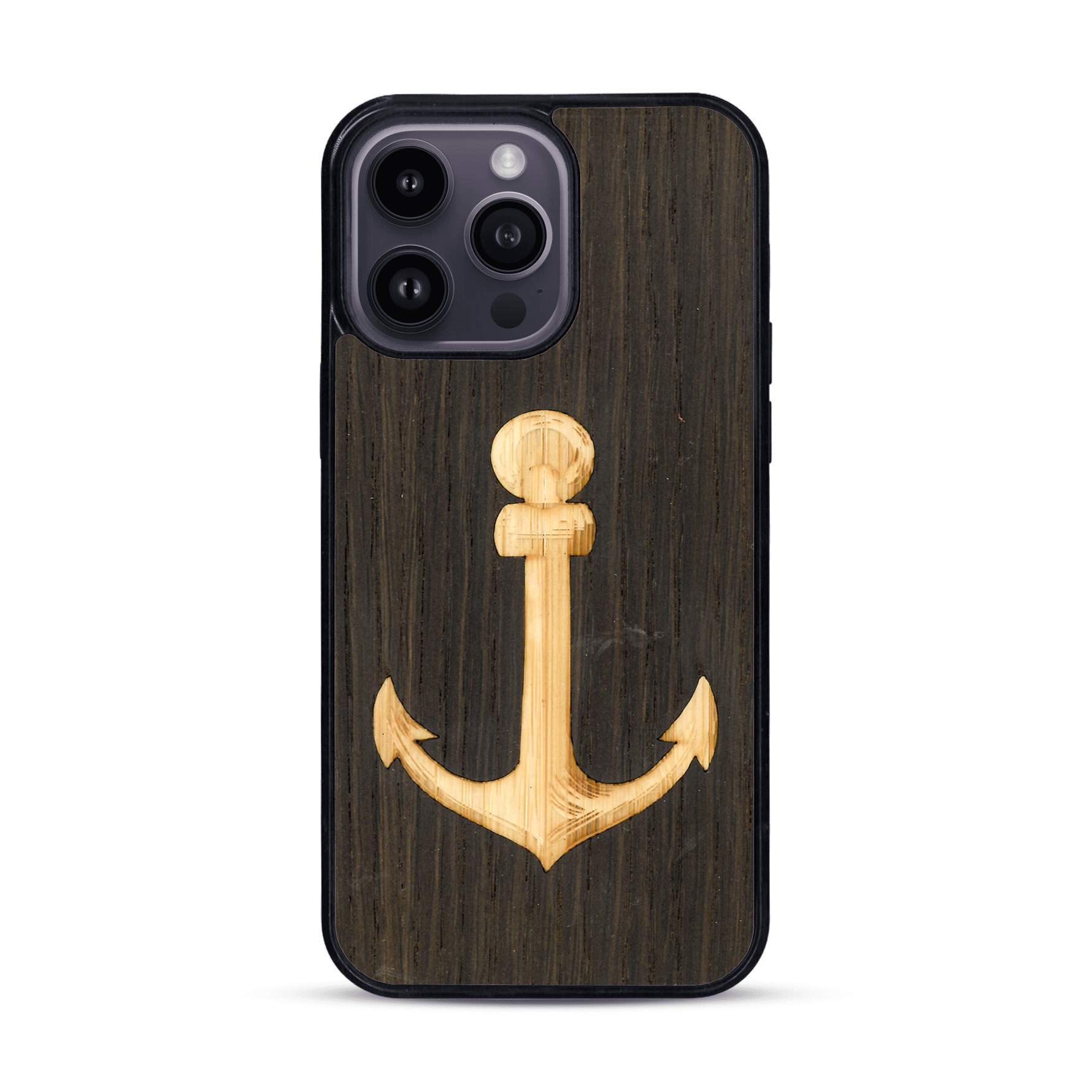 Coque de protection en bois véritable fabriquée en France pour  sur le thème nautique avec un bois clair et un bois foncé représentant une ancre de bateau