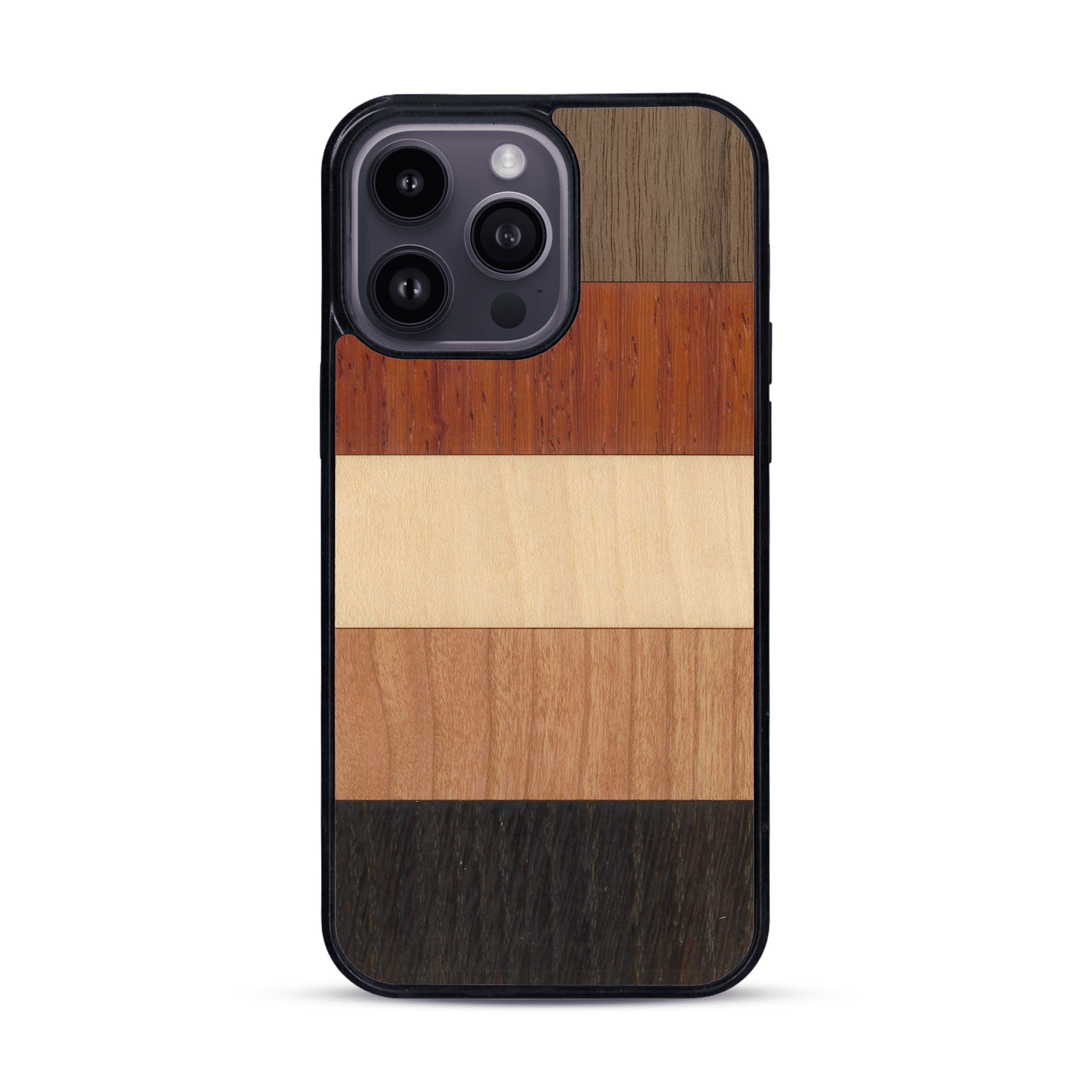 Coque de protection en bois véritable fabriquée en France pour  alliant des bandes horizontales de bambou, merisier, padouk, noyer et chêne fumé