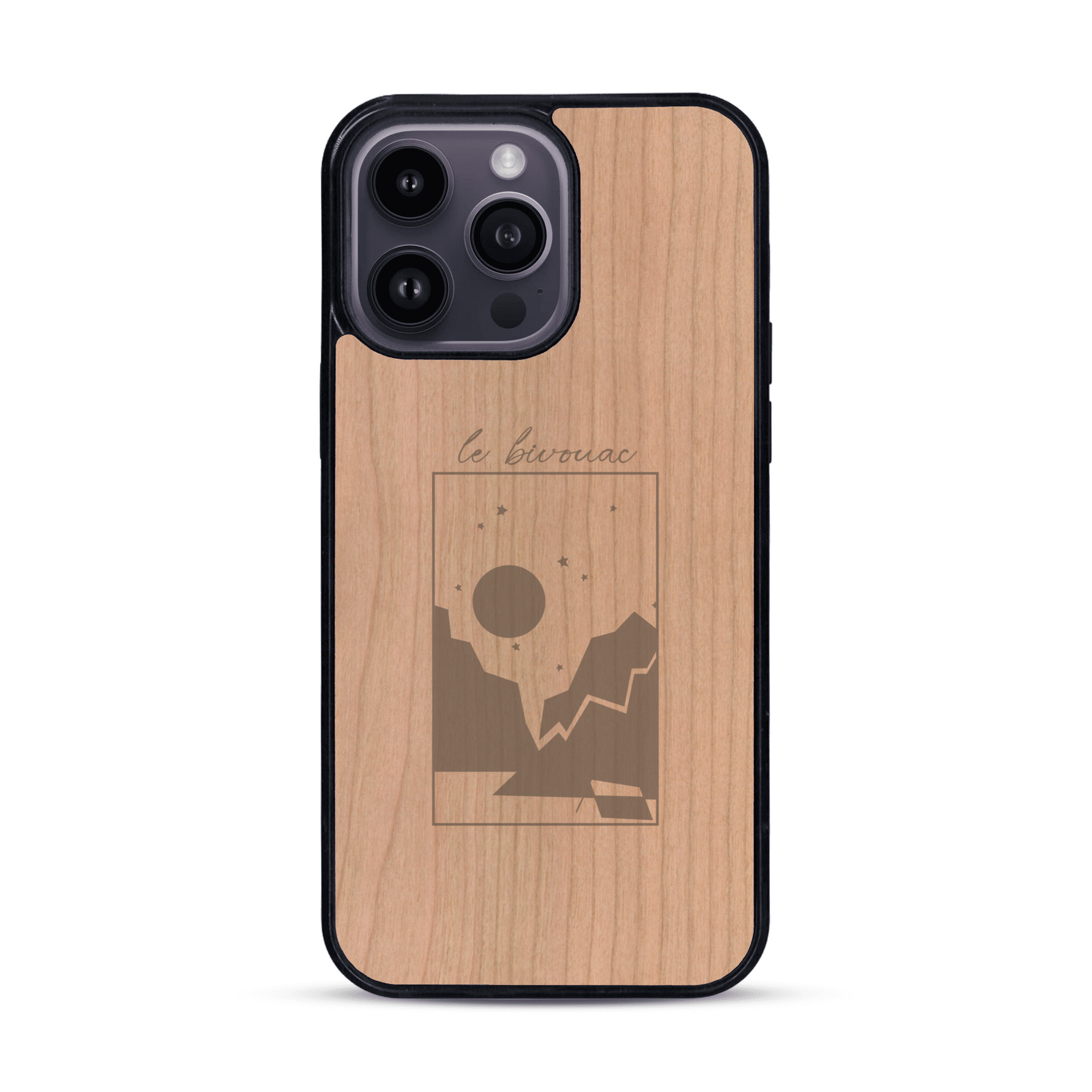 Coque de protection en bois véritable fabriquée en France pour  sur le thème du camping en pleine nature et du bivouac avec la phrase "Aventure is out there"