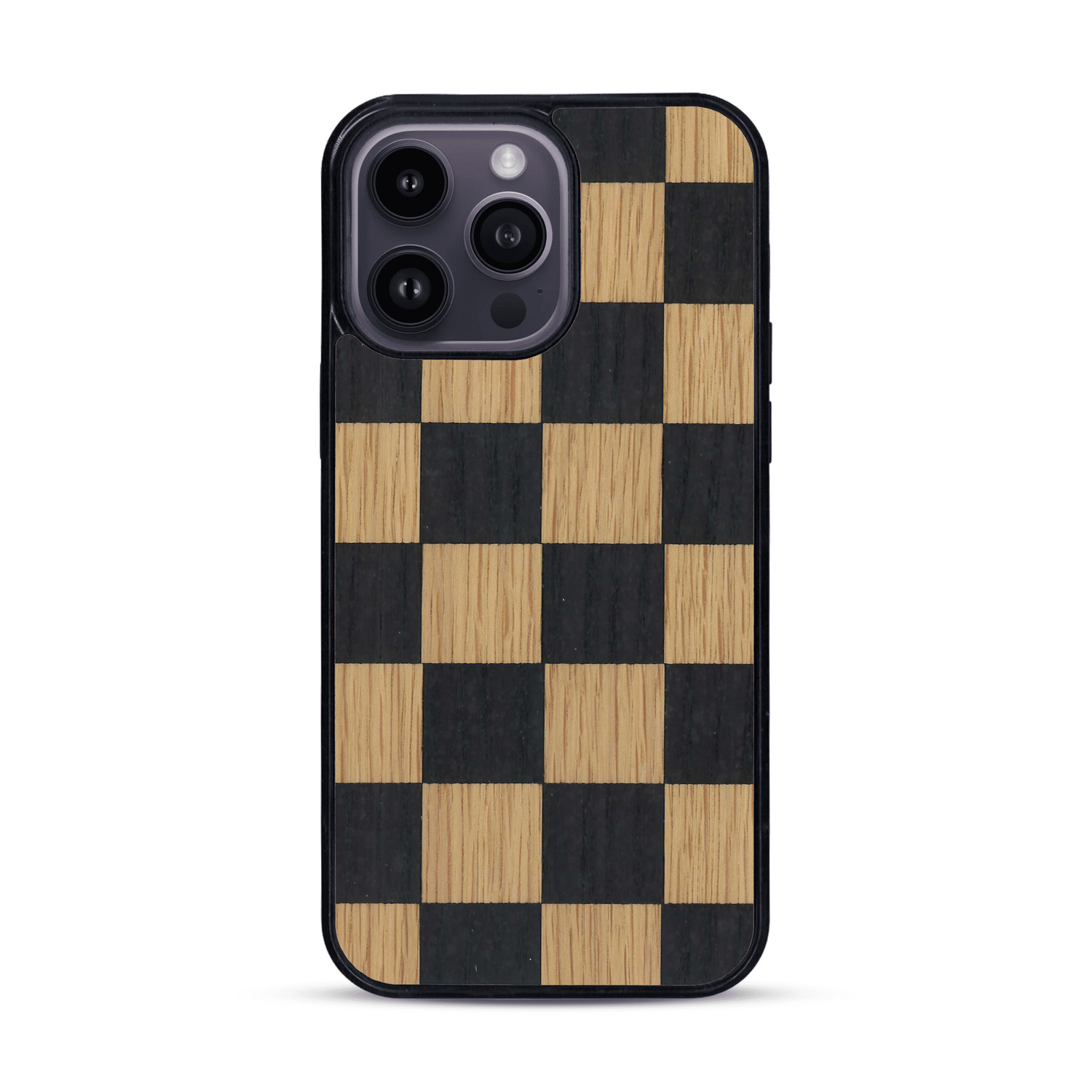Coque de protection en bois véritable fabriquée en France pour  alliant plusieurs essences de bois pour représenter un damier