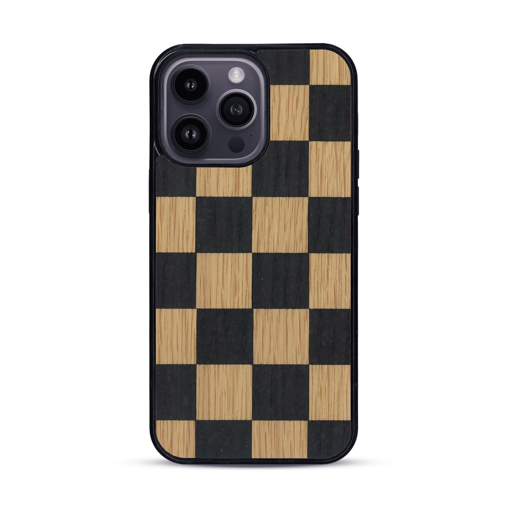 Coque de protection en bois véritable fabriquée en France pour  alliant plusieurs essences de bois pour représenter un damier