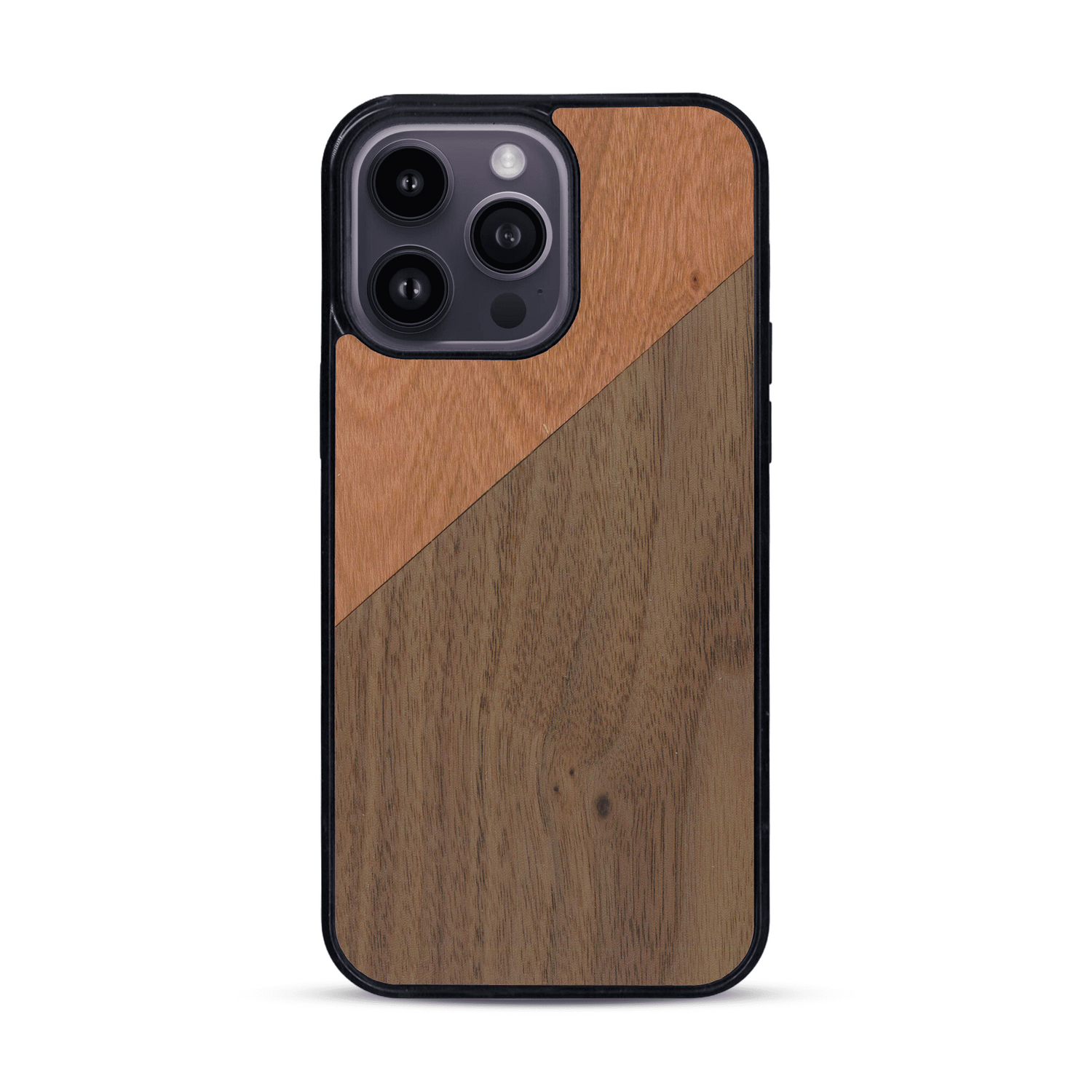 Coque de protection en bois véritable fabriquée en France pour  alliant du merisier et du noyer formant chacun un triangle avec une jointure en diagonale sur le thème de l'art abstrait