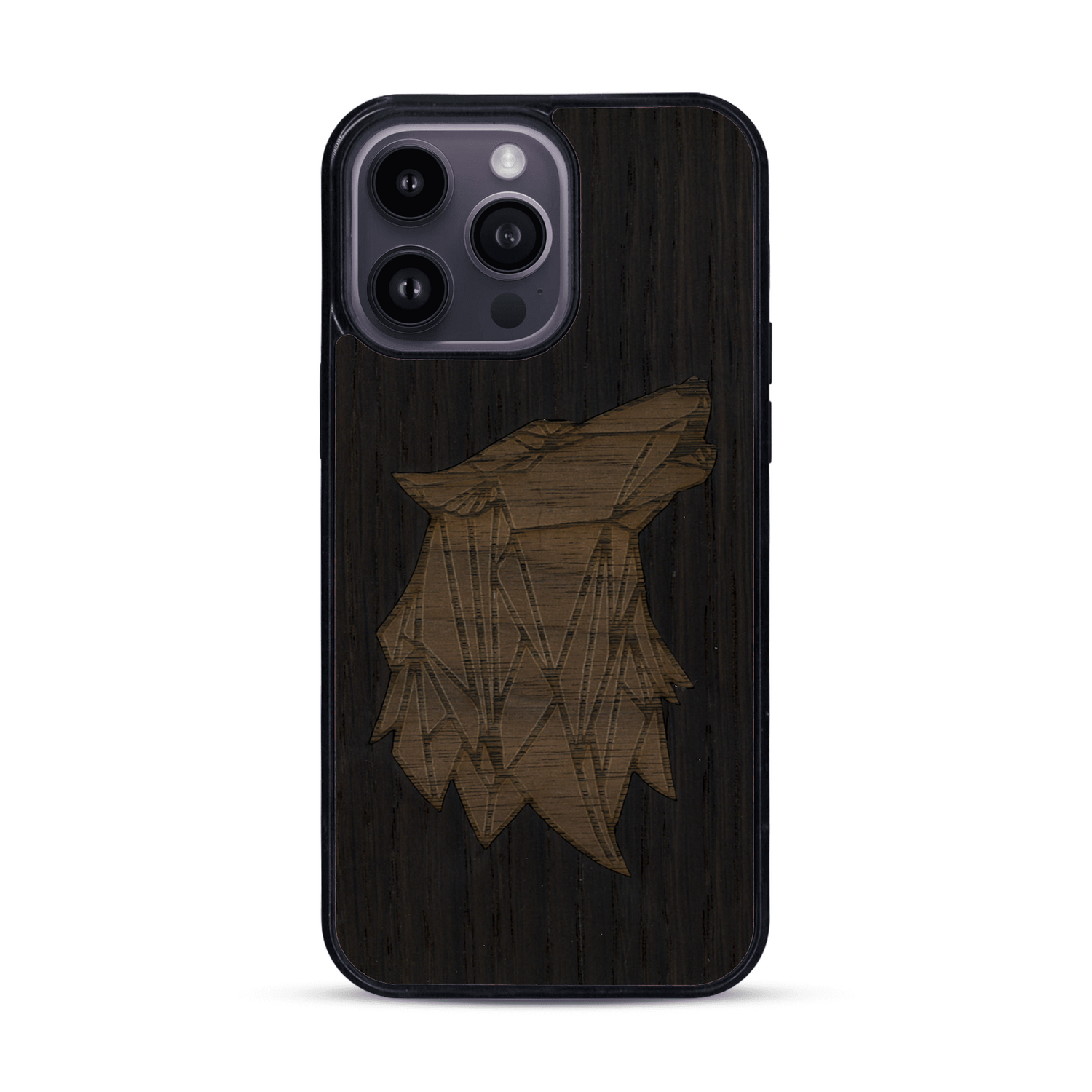 Coque de protection en bois véritable fabriquée en France pour  alliant du chêne fumé et du noyer représentant une tête de loup géométrique de profil sur le thème des animaux et de la nature