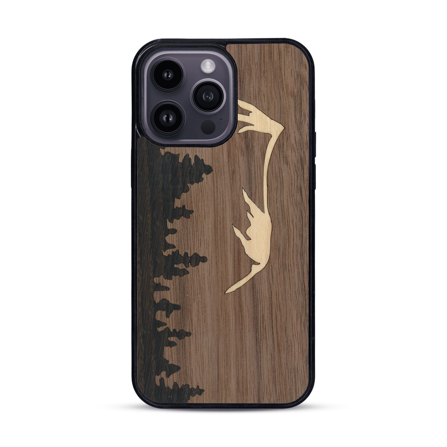 Coque de protection en bois véritable fabriquée en France pour  sur le thème de la nature et de la montagne qui allie du chêne fumé, du noyer et du bambou représentant le mont mézenc