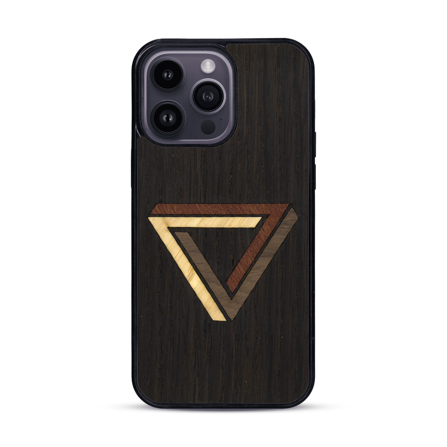 Coque de protection en bois véritable fabriquée en France pour  sur le thème de l'art géométrique qui allie du chêne fumé, du noyer, du bambou et du padouk représentant le triangle de penrose
