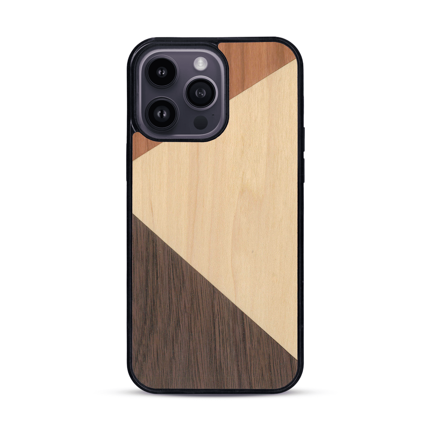 Coque de protection en bois véritable fabriquée en France pour  alliant du merisier, du noyer et du bambou formant chacun deux triangles et un trapèze avec deux jointures en diagonale sur le thème de l'art abstrait