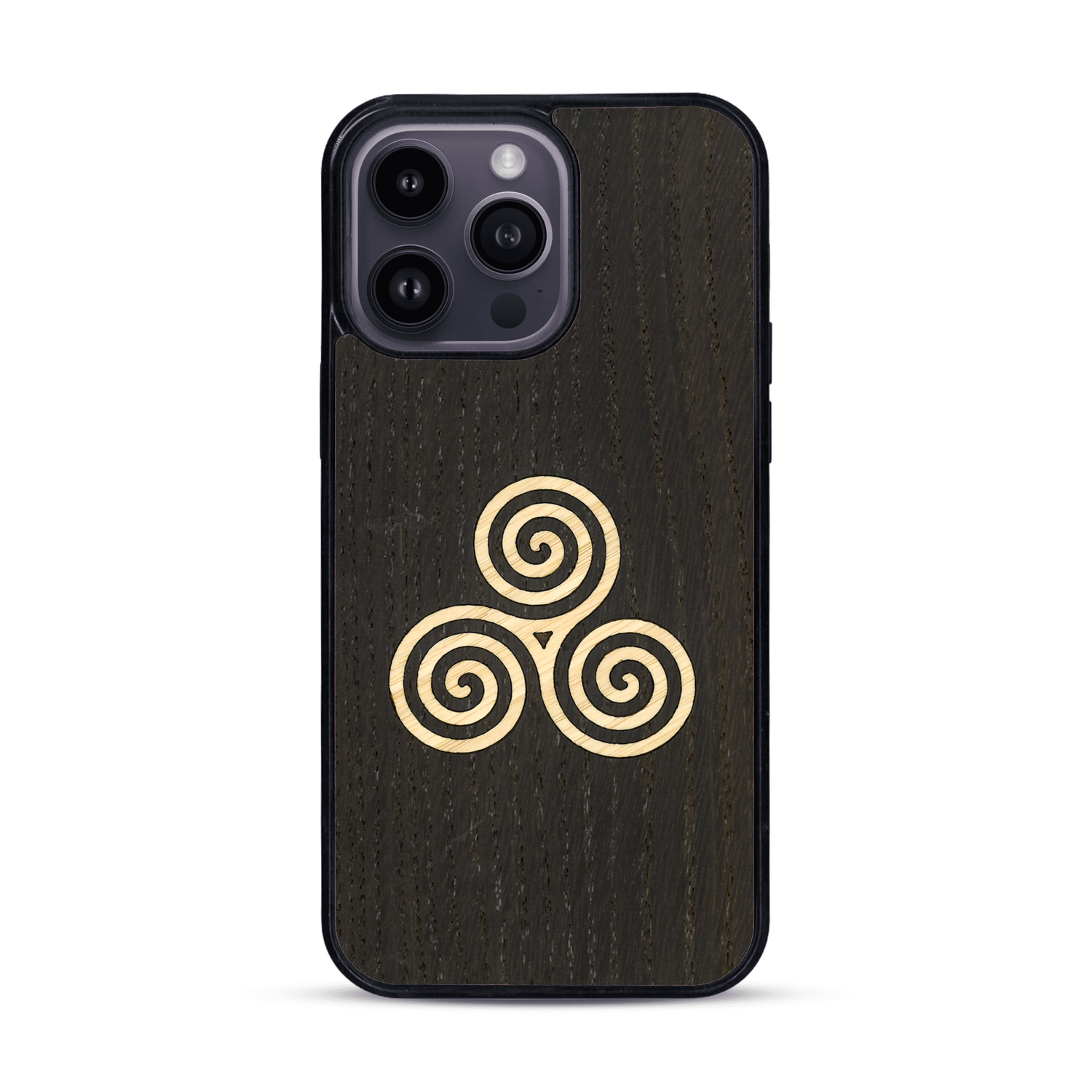 Coque de protection en bois véritable fabriquée en France pour  alliant du chêne fumé et du bambou et doré représentant un triskell