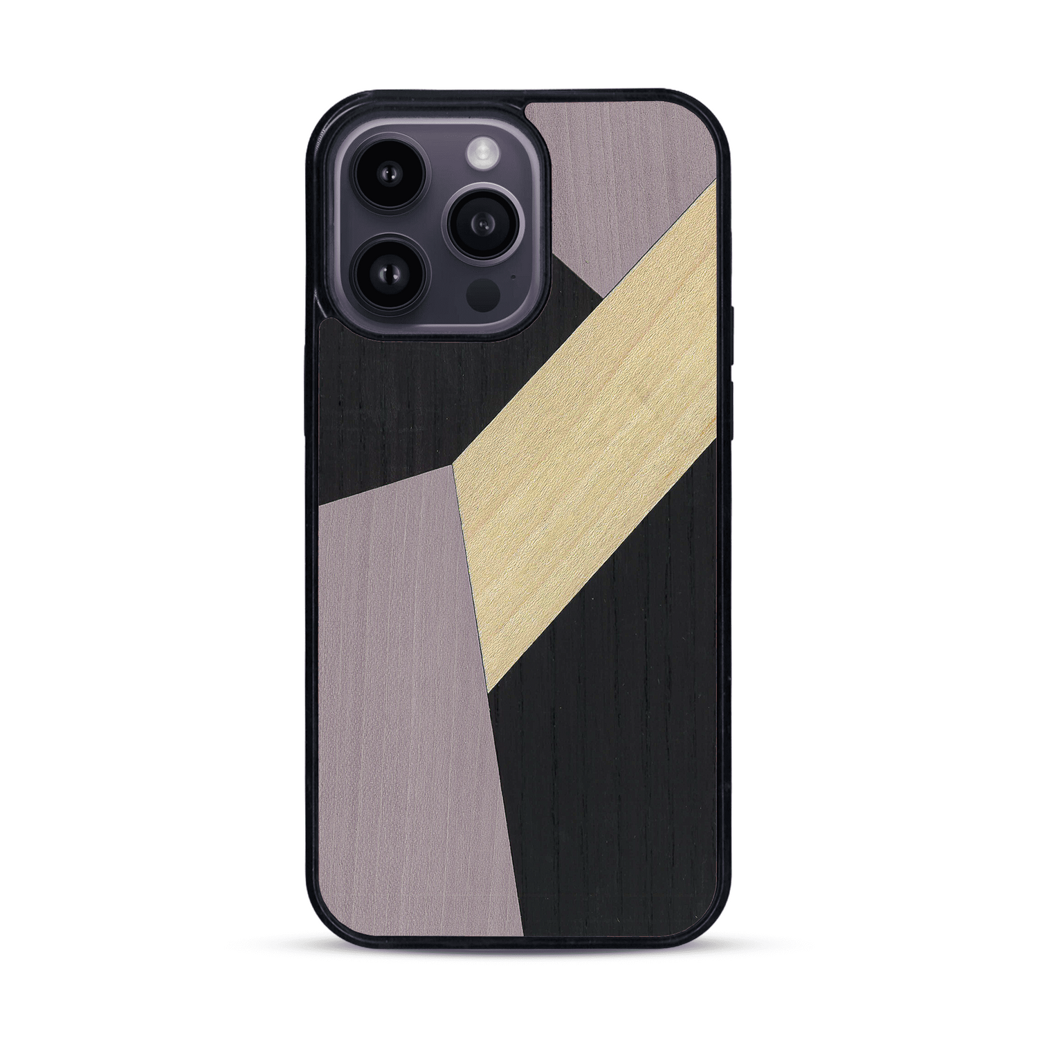 Coque de protection en bois véritable fabriquée en France pour  alliant du bambou, du tulipier mauve et noir en forme de mosaïque minimaliste sur le thème de l'art abstrait
