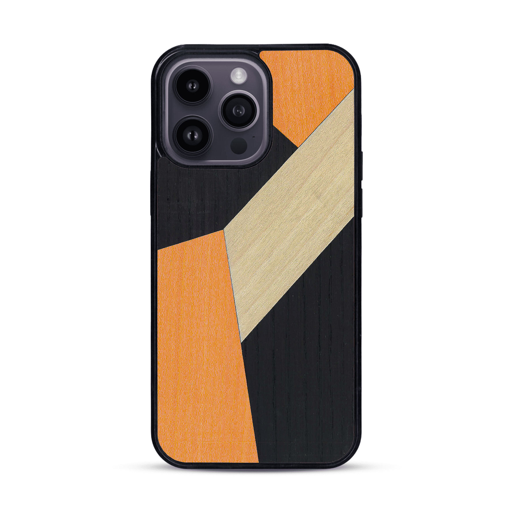 Coque de protection en bois véritable fabriquée en France pour  alliant du bambou, du tulipier orange et noir en forme de mosaïque minimaliste sur le thème de l'art abstrait