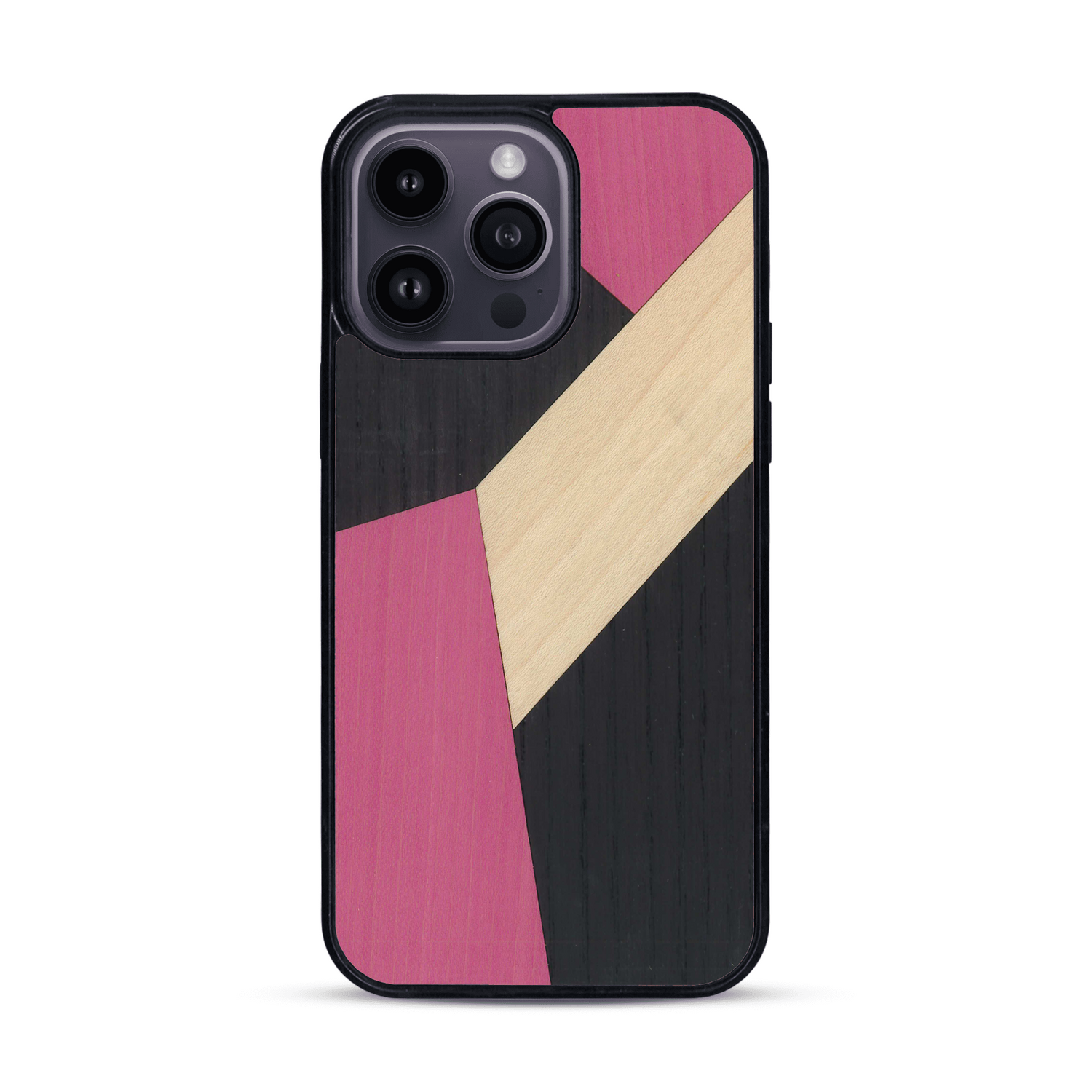 Coque de protection en bois véritable fabriquée en France pour  alliant du bambou, du tulipier rose et noir en forme de mosaïque minimaliste sur le thème de l'art abstrait