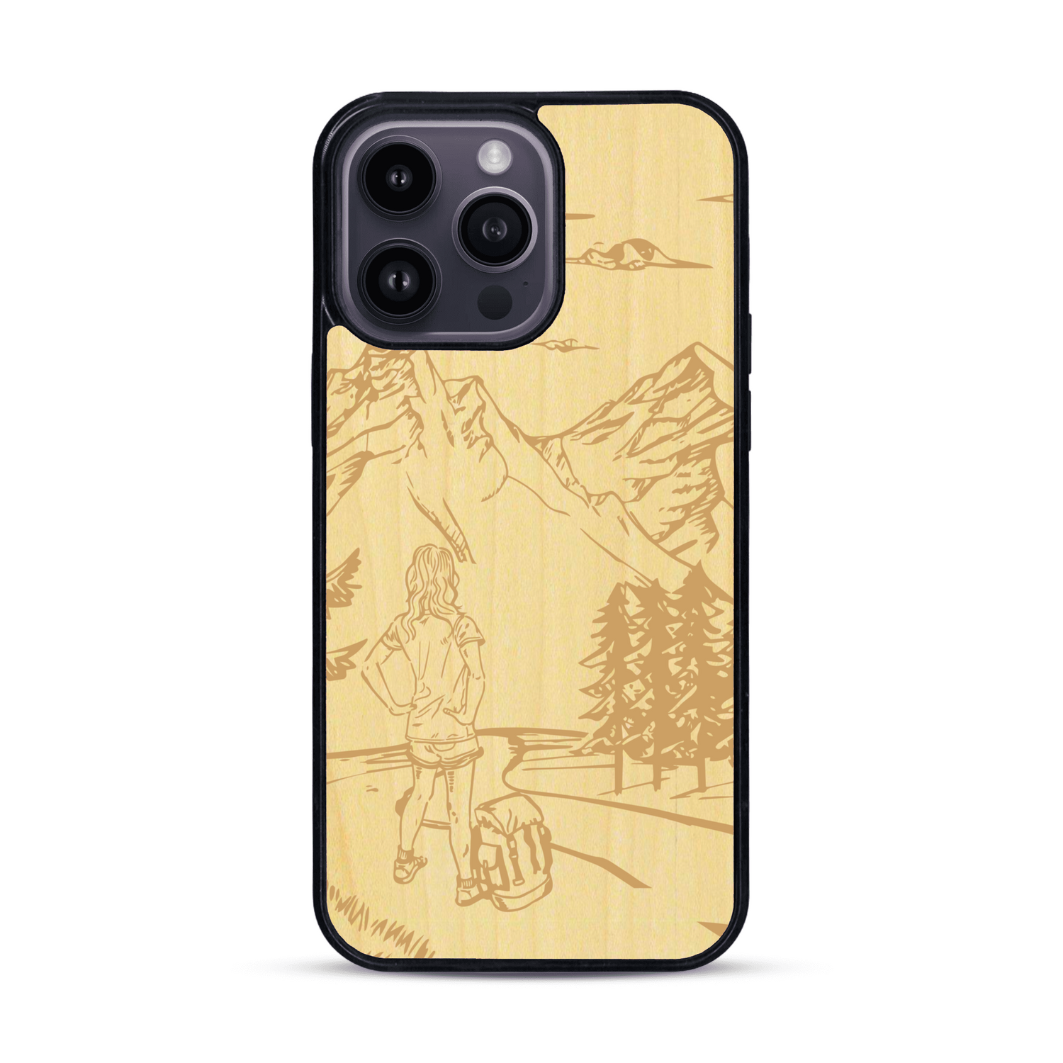 Coque de protection en bois véritable fabriquée en France pour  sur le thème de la randonnée en montagne et de l'aventure avec une gravure représentant une femme de dos face à un paysage de nature