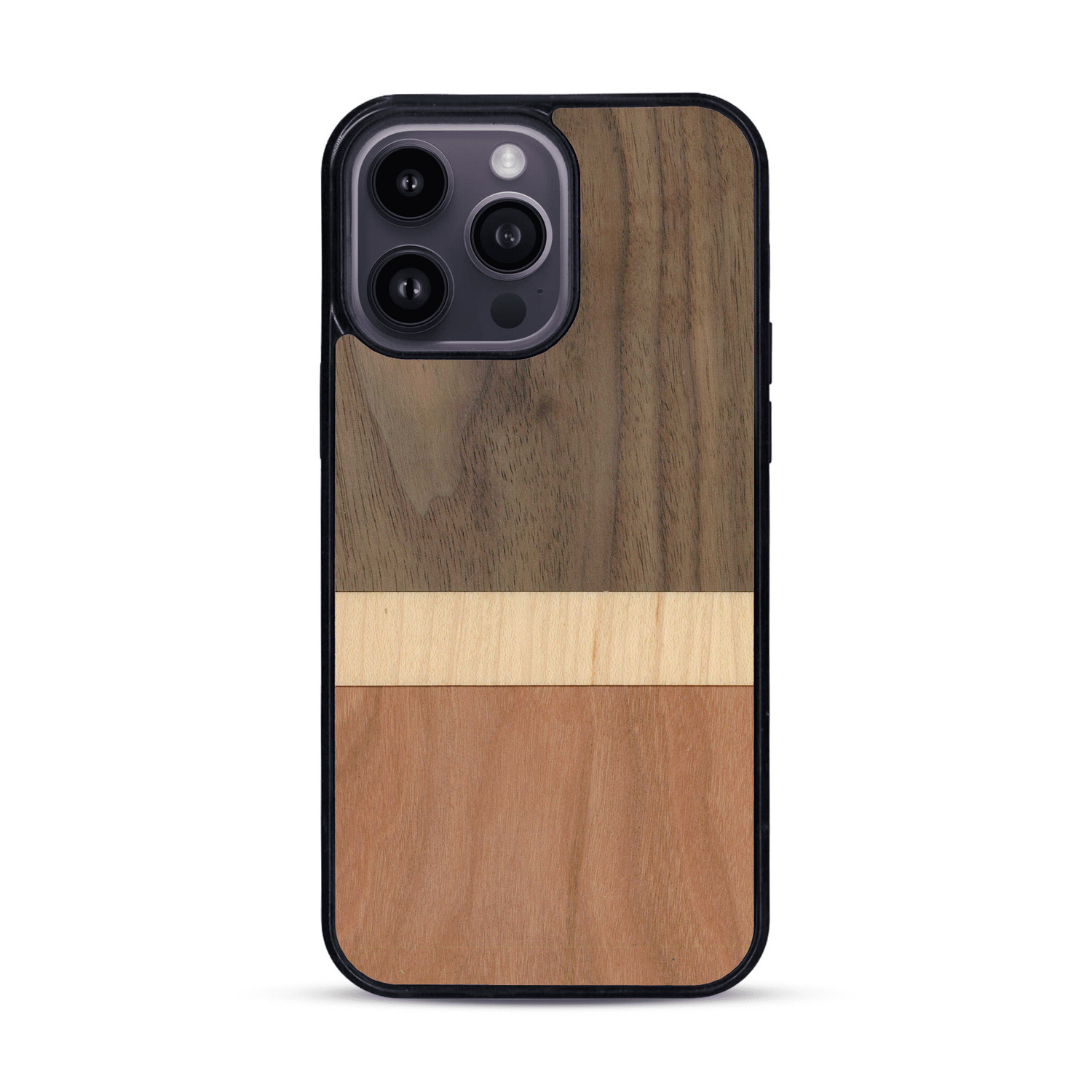 Coque de protection en bois véritable fabriquée en France pour  alliant des bandes horizontales de bambou, merisier et noyer