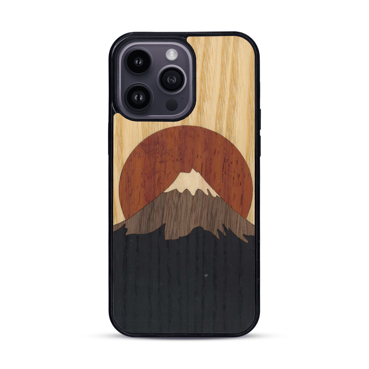 Coque de protection en bois véritable fabriquée en France pour  alliant plusieurs essences de bois pour représenter le mont Fuji