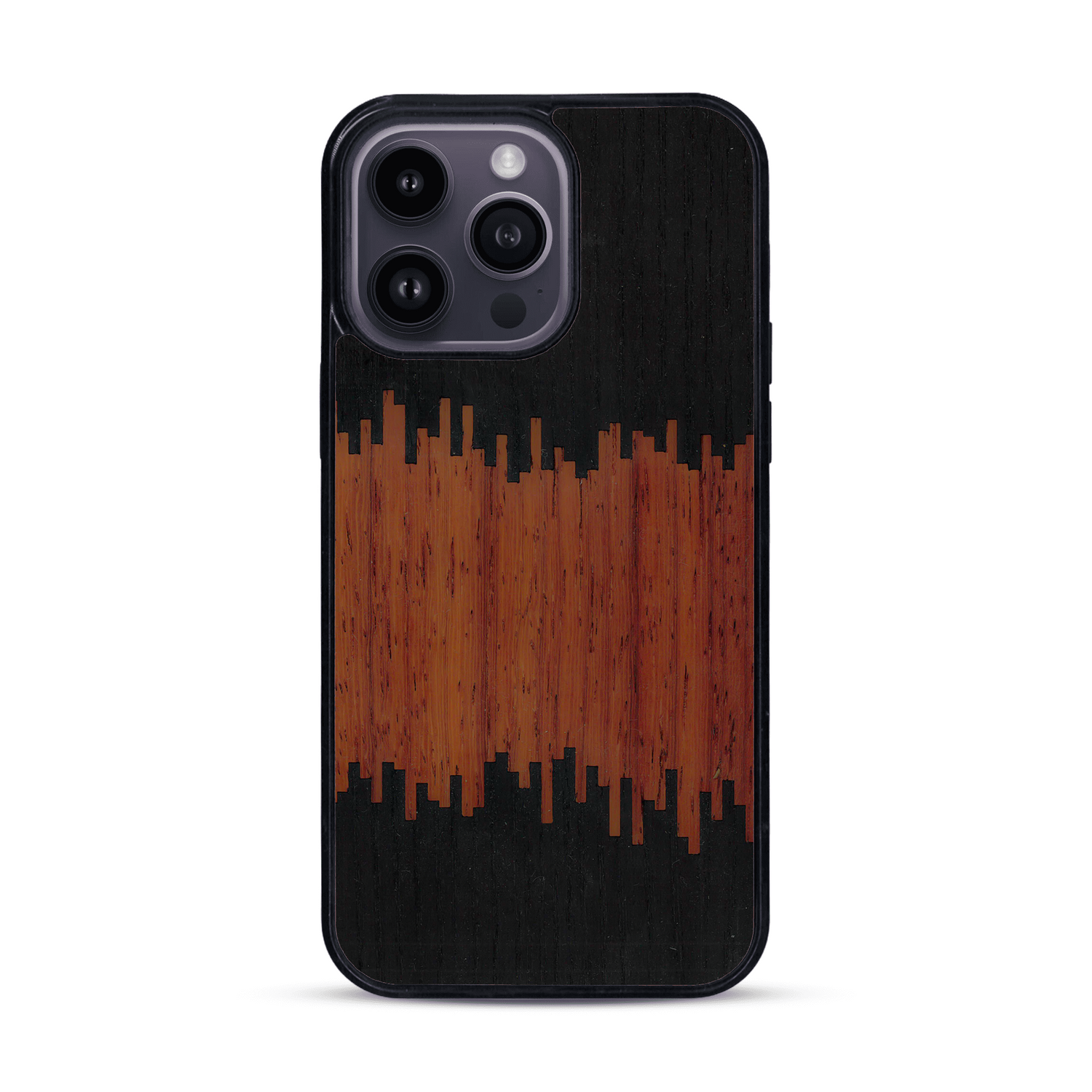 Coque de protection en bois véritable fabriquée en France pour  alliant plusieurs essences de bois pour représenter du magma en fusion