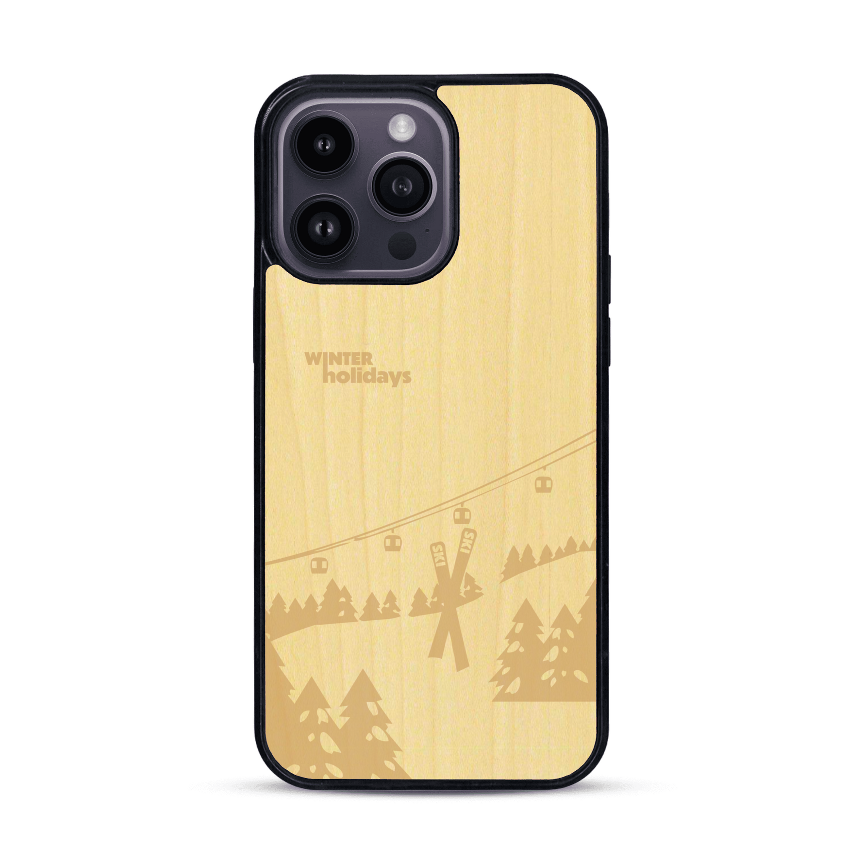 Coque de protection en bois véritable fabriquée en France pour  sur le thème de la montagne, du ski et de la neige avec un motif représentant une paire de ski plantée dans la neige avec en fond des montagnes enneigées