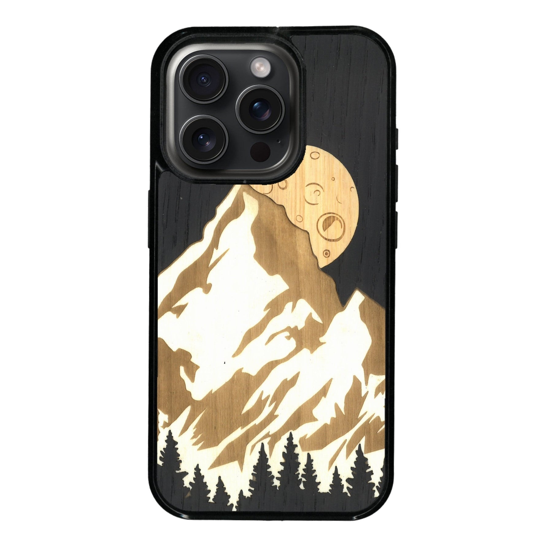 Coque de protection en bois véritable fabriquée en France pour iPhone 14 Pro + MagSafe® alliant plusieurs essences de bois pour représenter le mont Everest