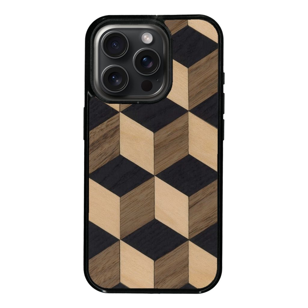 Coque de protection en bois véritable fabriquée en France pour iPhone 14 Pro + MagSafe® alliant plusieurs essences de bois pour représenter un classique intemporel de la marqueterie