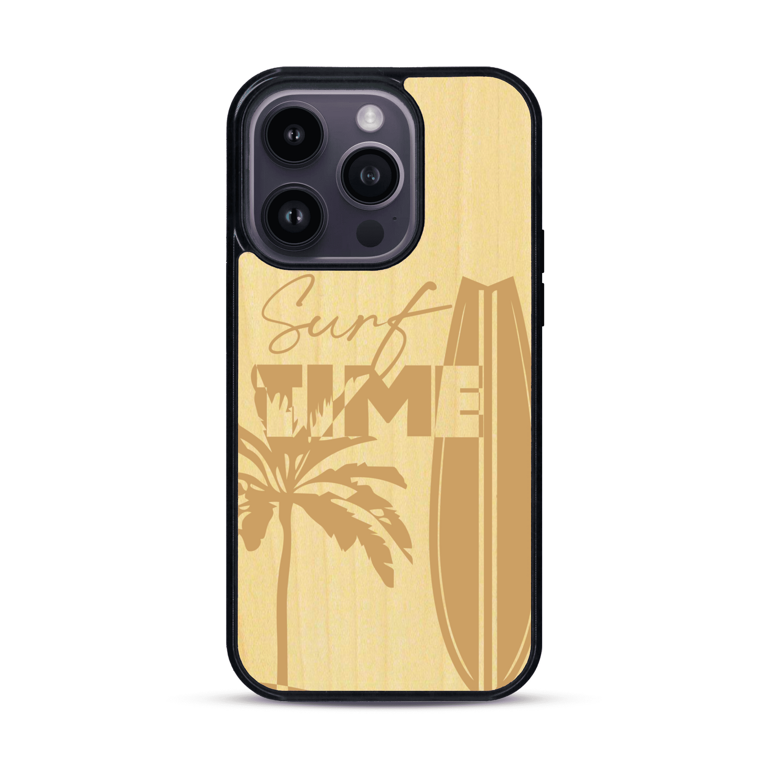 Coque de protection en bois véritable fabriquée en France pour  sur le thème chill avec un motif représentant une silouhette tenant une planche de surf sur une plage entouré de palmiers et les mots "Surf Time Long Beach Miami"