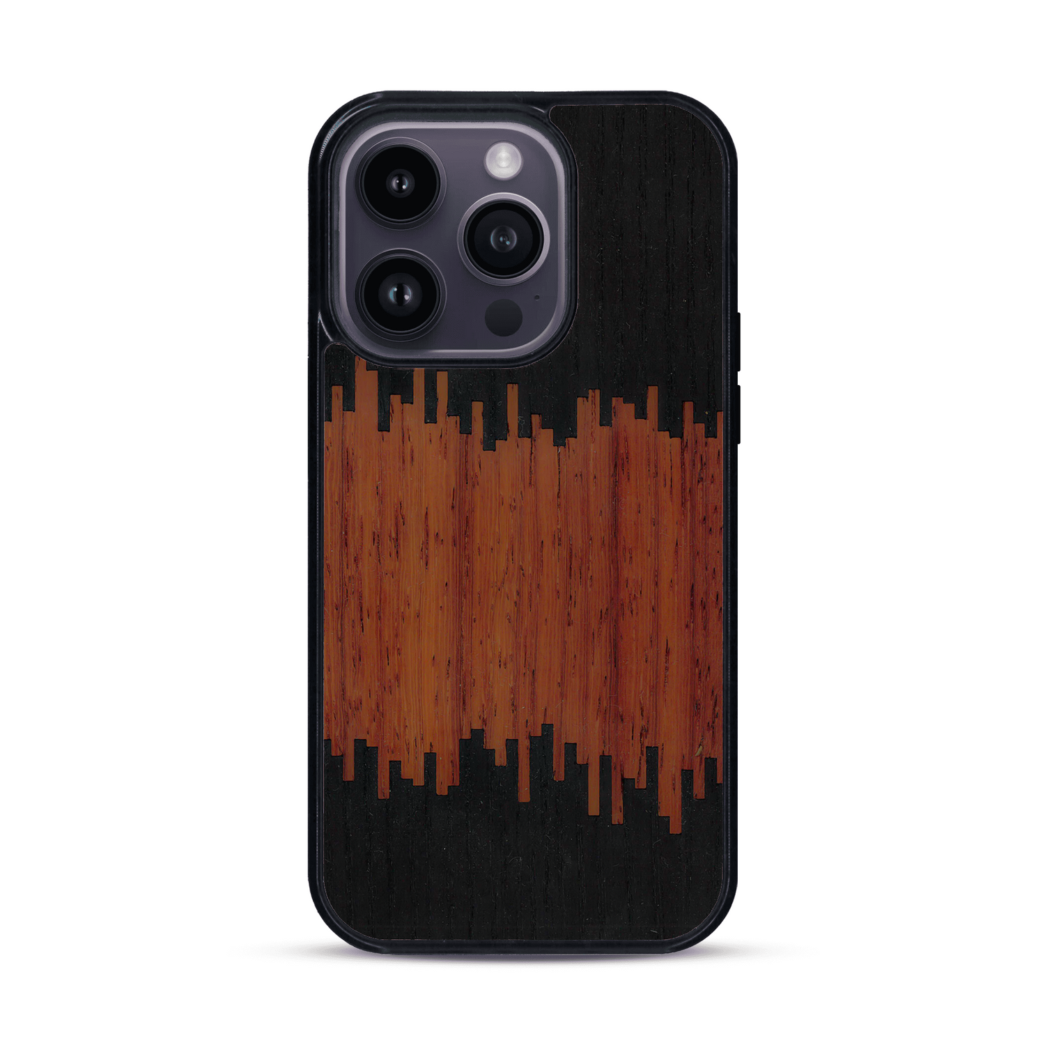 Coque de protection en bois véritable fabriquée en France pour  alliant plusieurs essences de bois pour représenter du magma en fusion