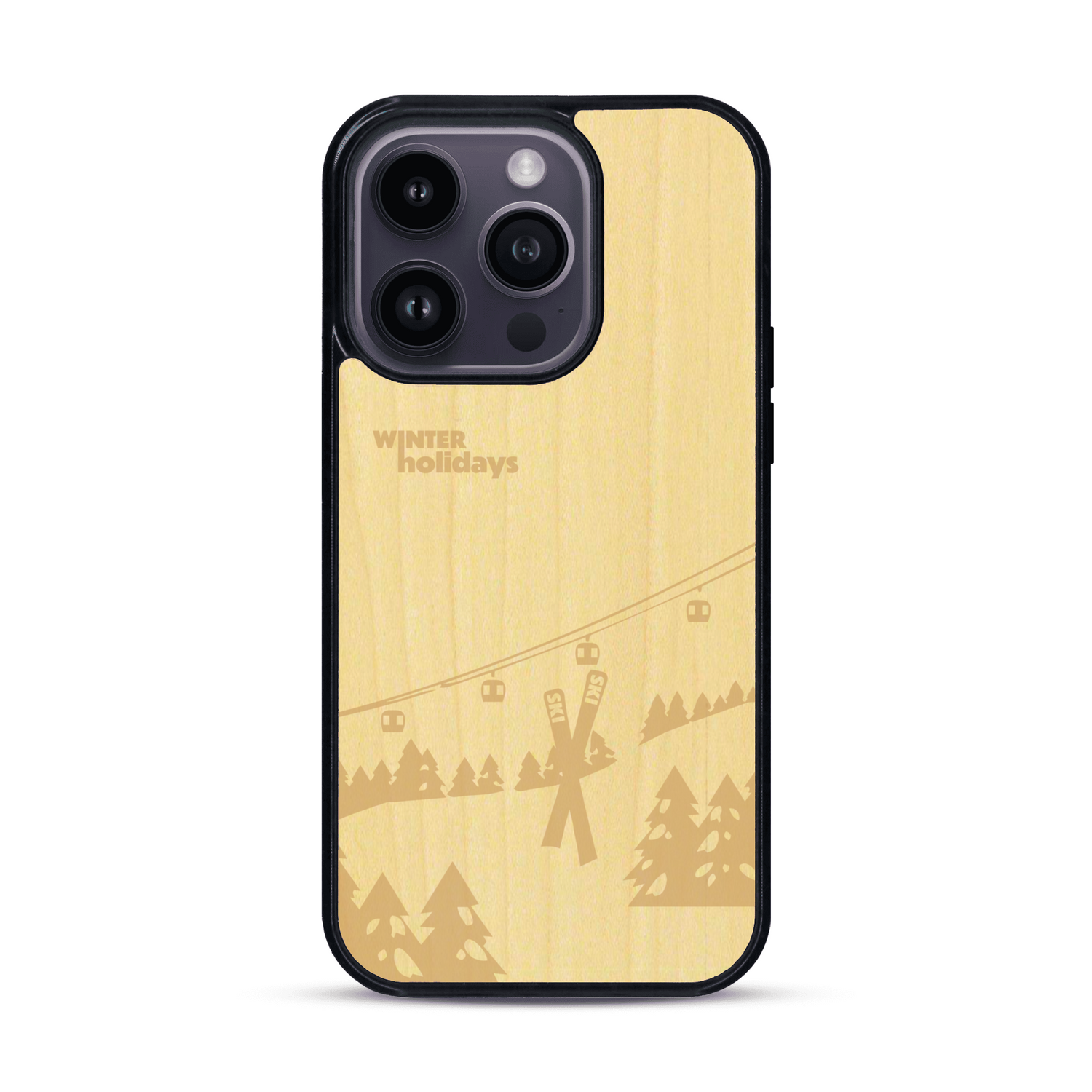 Coque de protection en bois véritable fabriquée en France pour  sur le thème de la montagne, du ski et de la neige avec un motif représentant une paire de ski plantée dans la neige avec en fond des montagnes enneigées