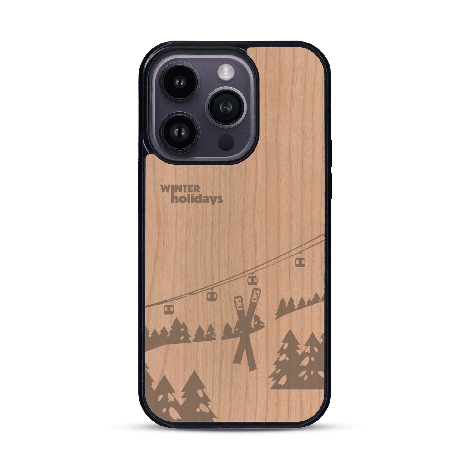 Coque de protection en bois véritable fabriquée en France pour  sur le thème de la montagne, du ski et de la neige avec un motif représentant une paire de ski plantée dans la neige avec en fond des montagnes enneigées