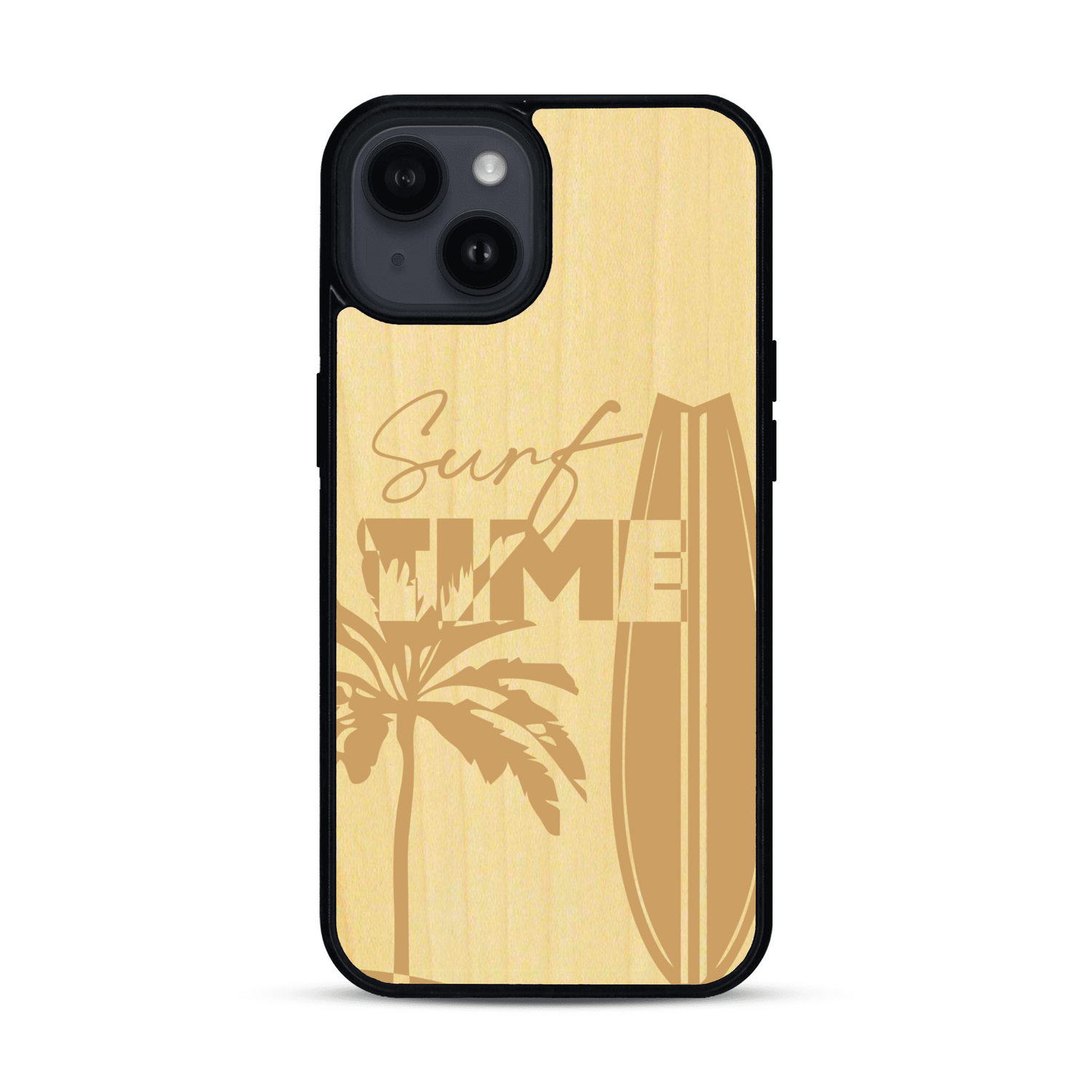 Coque de protection en bois véritable fabriquée en France pour  sur le thème chill avec un motif représentant une silouhette tenant une planche de surf sur une plage entouré de palmiers et les mots "Surf Time Long Beach Miami"
