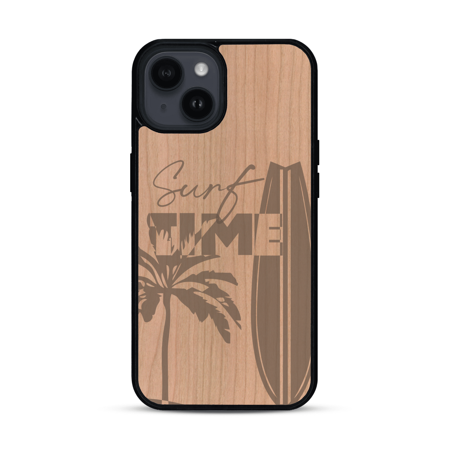 Coque de protection en bois véritable fabriquée en France pour  sur le thème chill avec un motif représentant une silouhette tenant une planche de surf sur une plage entouré de palmiers et les mots "Surf Time Long Beach Miami"