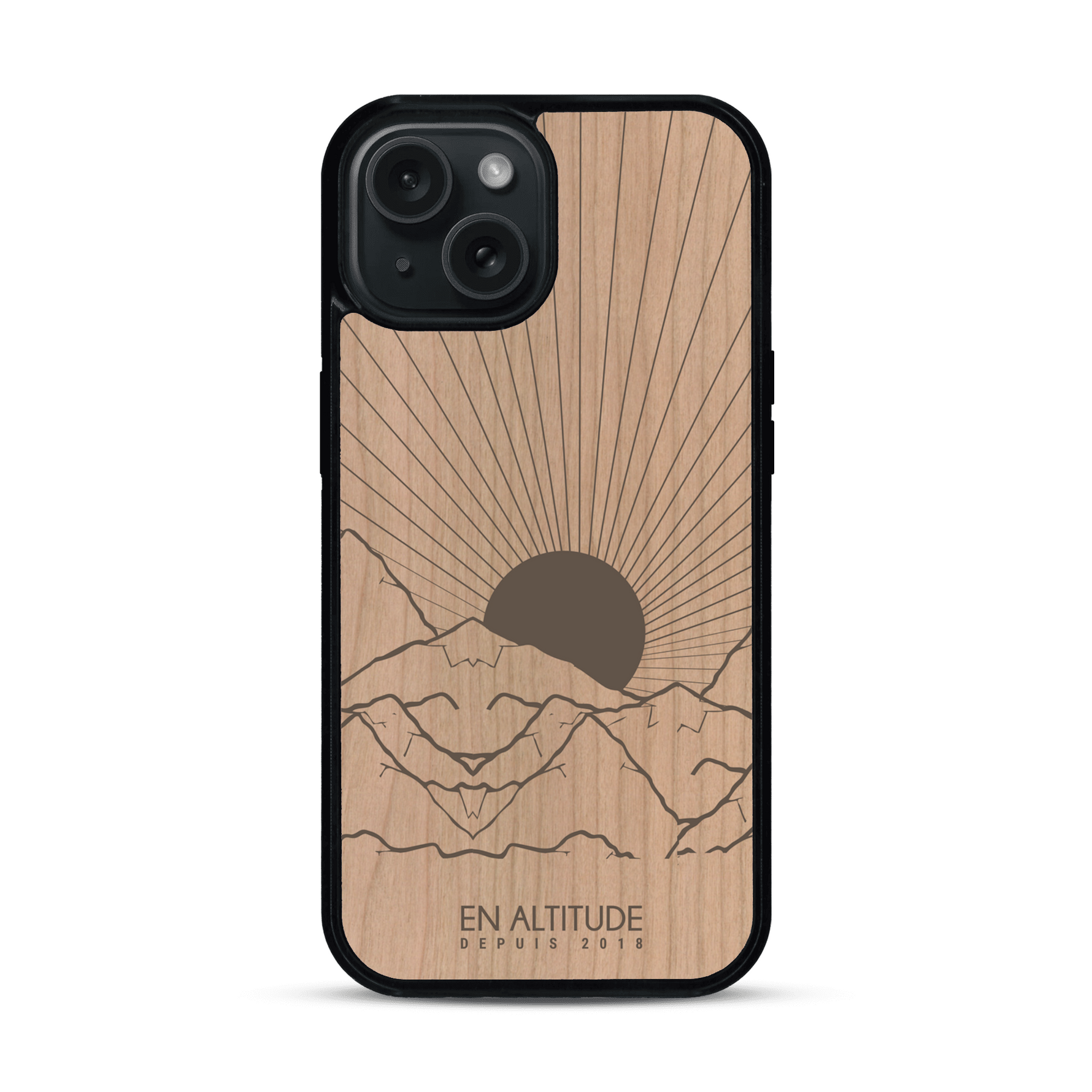 Coque de protection en bois véritable fabriquée en France pour  représentant des montagnes, sur le thème de la randonnée en pleine nature et du trail